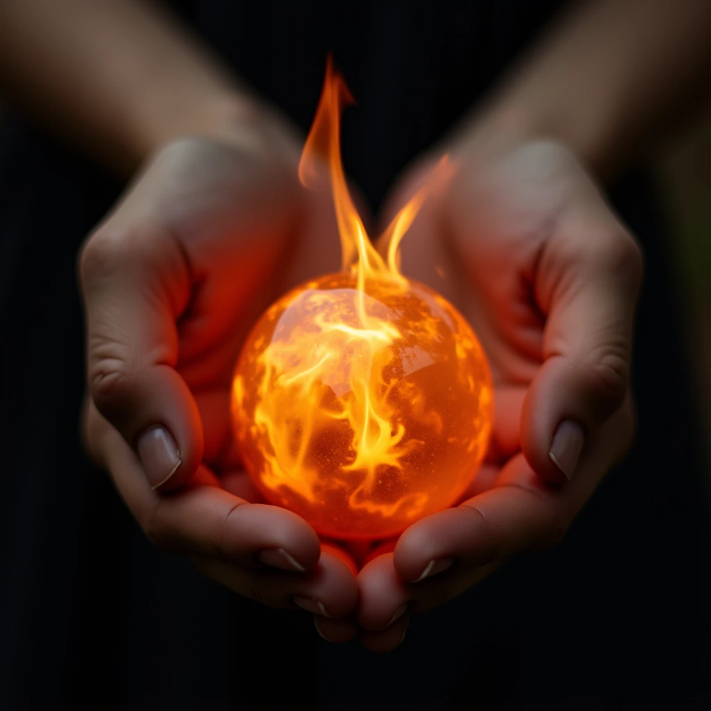 holding fireball, close up, 