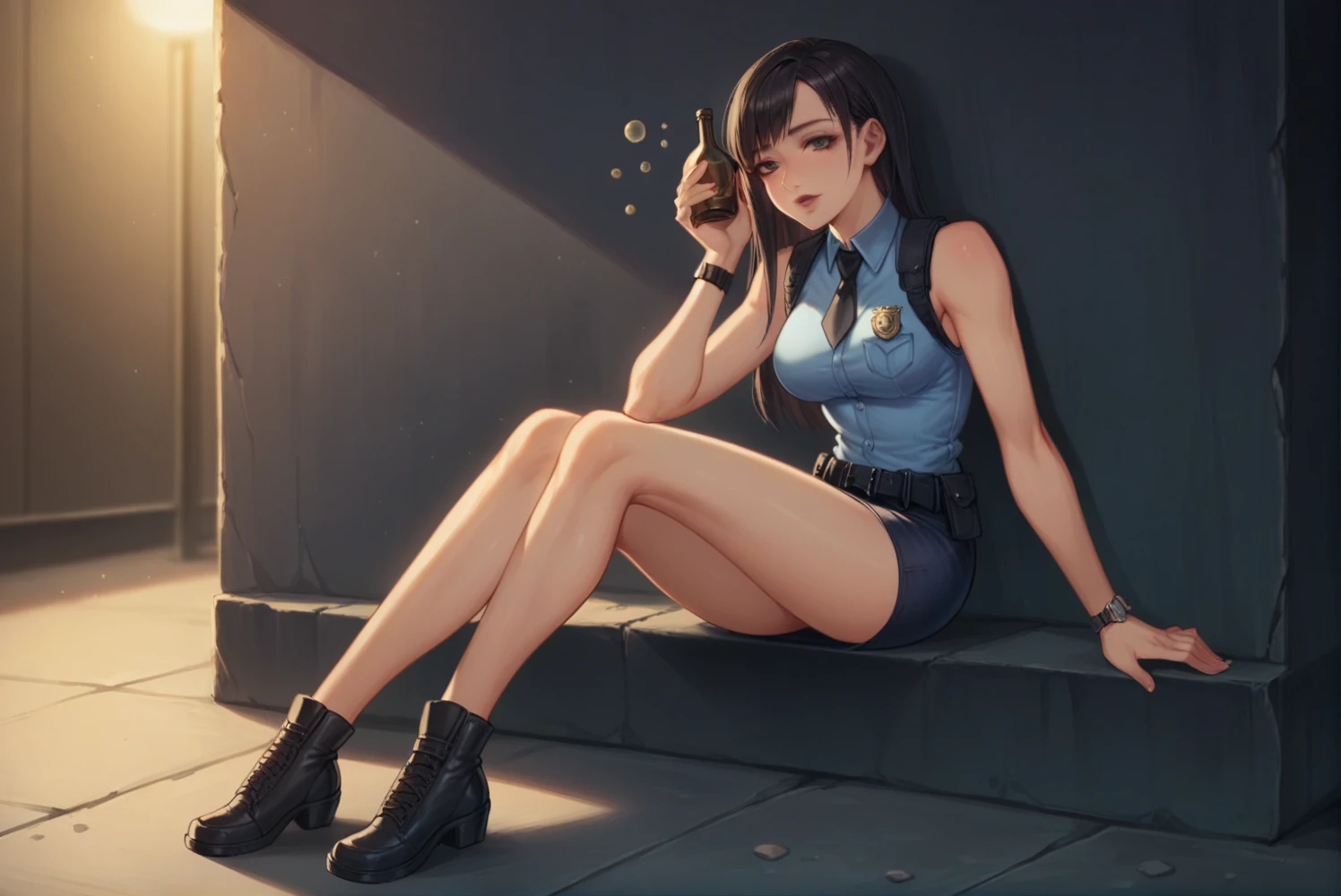  Highest quality, Very detailed,((1 person)), police, Adult, resident evil style, sexy police officer in uniform, Sleeveless shirt,Ultra mini skirt,belt,watch,slim, evening, Soft Light, Facial details, Drunk, Long black hair, Beautiful Skin, fringe, Pale pink lips,Sit leaning against a wall, Big black eyes, Looking at the audience, Full body shot, 16K
