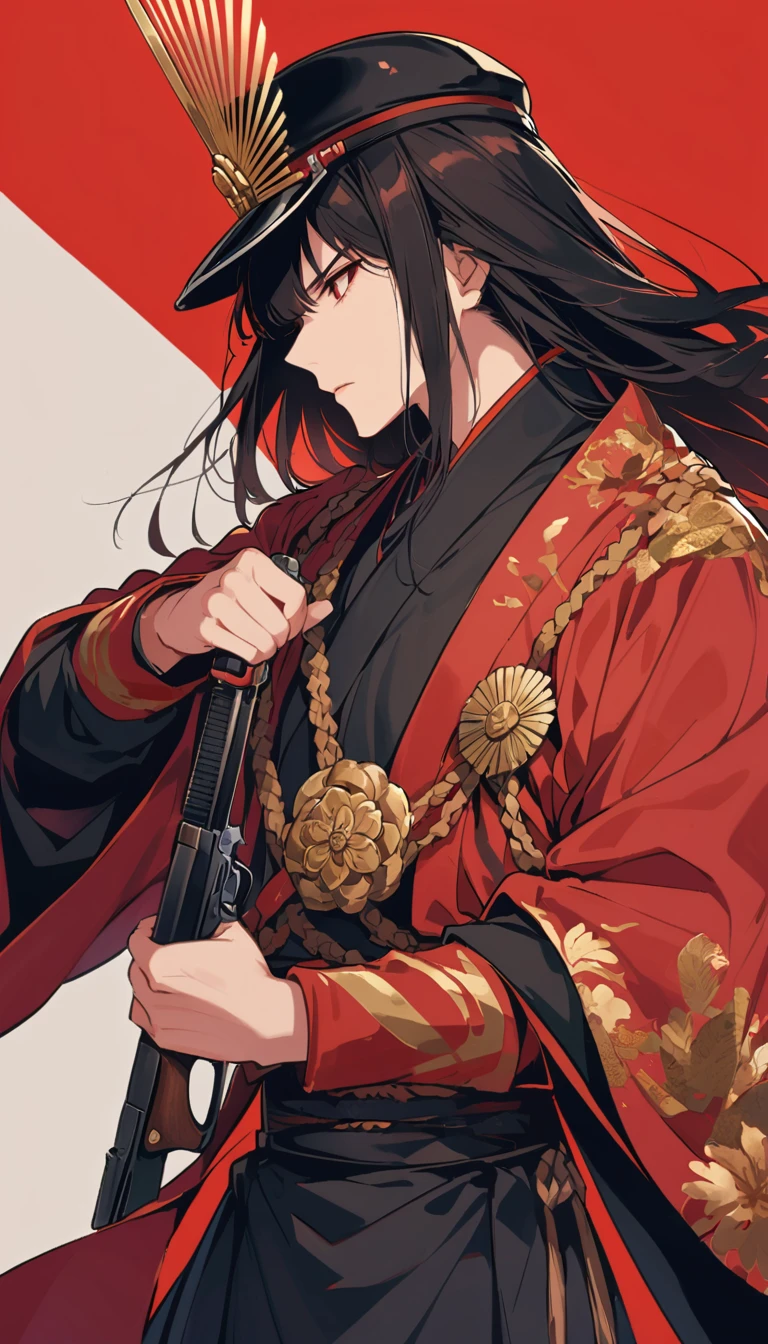 Depict a scene with Oda Nobunaga using firearms on a Sengoku-era battlefield. The background should feature elements of the era’s battlefield, with Nobunaga actively handling guns or rifles. Focus on historical accuracy with detailed depictions of firearms from that period.Oda Nobunaga is a man.