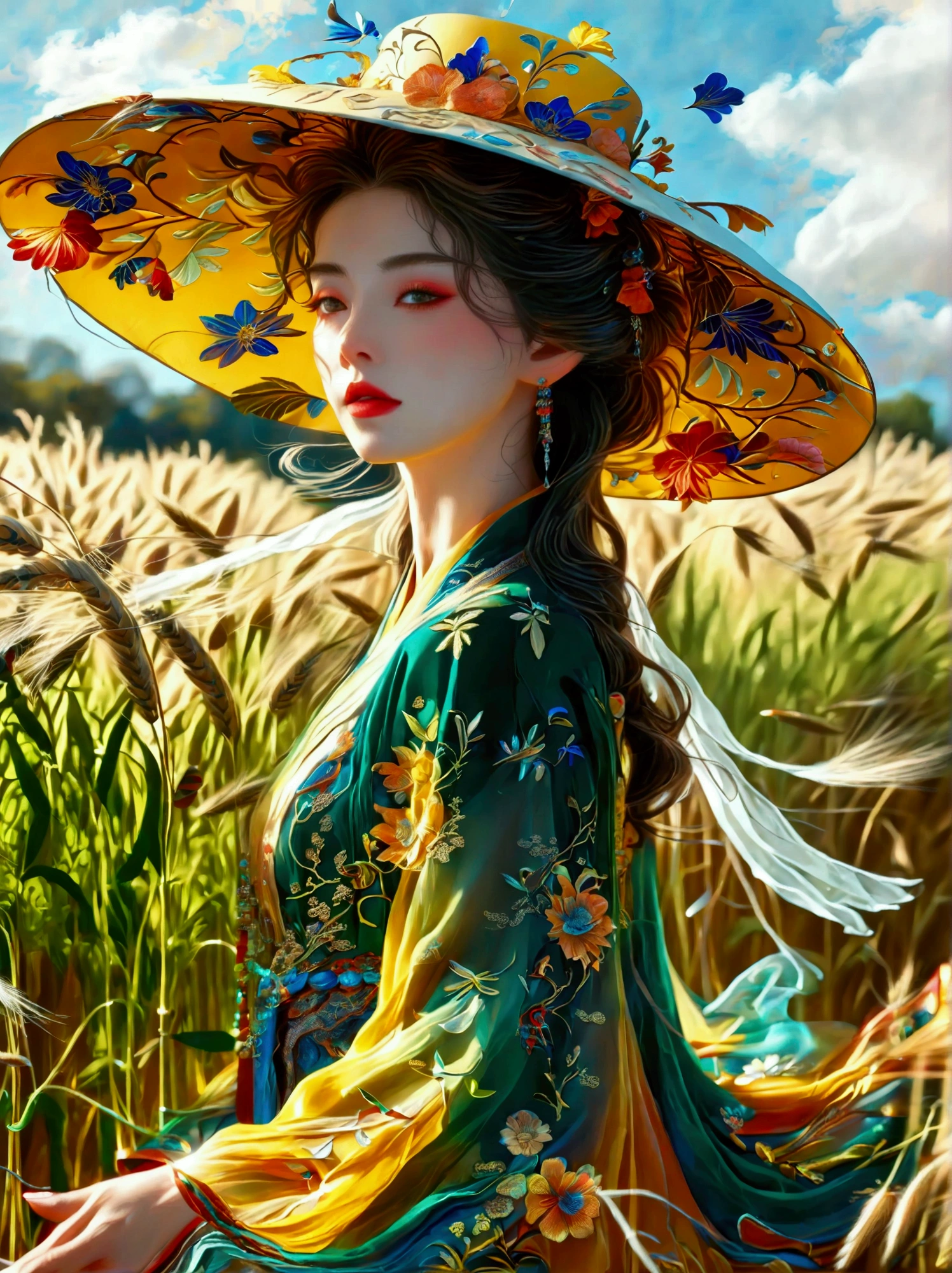 The breath of spring, a blend of green and yellow,A serene woman in an ethereal, translucent gown adorned with delicate golden and teal embroidery, standing in a vast, golden wheat field. The woman has her eyes closed, exuding a calm and peaceful aura. She wears an elegant, wide-brimmed hat made of flowing, sheer fabric that flutters gracefully in the wind, mirroring the patterns of the gown. The sky is a clear blue with wisps of clouds, and the warm sunlight casts a gentle glow over the entire scene, creating a dreamy, almost surreal atmosphere, (8k,Bright colors,Bright,Ultra high saturation,rgb, Colorful),(High contrast:1.5),(whole body:1.8), magazine photography,Popular on social platforms,((Dopamineism)),(((Dopamine color matching))),Dopamine,(in the style of Y2K),Luo Erchun,Three-dimensional ancient style,Oriental poetry and painting