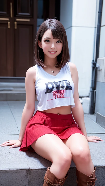 (High heel knee high boots)、(Sleeveless shirt with text print、belly button)、Tight mini skirt with slit、One 19-year-old girl sitting on the stairs in front of the station at night、Short Bob Hair、Medium breast、smile、long beautiful legs、masterpiece:1.3、Raw photo quality、Highest quality、Detailed image quality、Detailed Background、