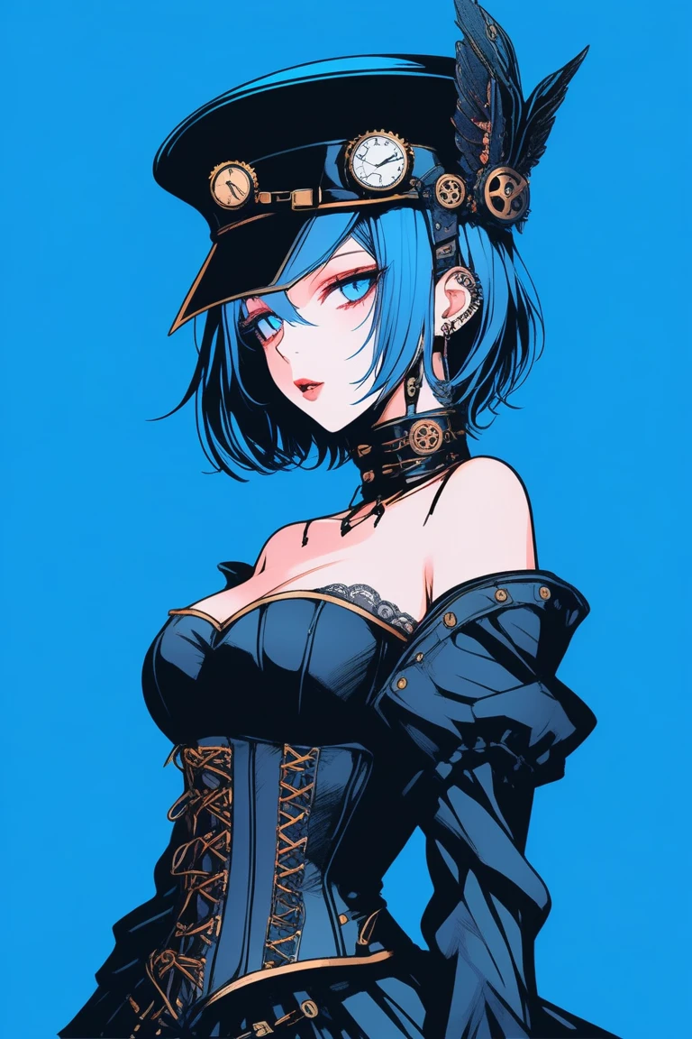 Illustrator, anime , Realistic ,sketch , 1 person, model, Portrait, lip, wearing gothic Steampunk hat, black corset jumper skirt, bare shoulder, order, Blue gradient background, Neon colored short hair, , (((Upper Body))), (((look back))), Sexy look, y pose, Texe Trim, Russia, (masterpiece,Highest quality)