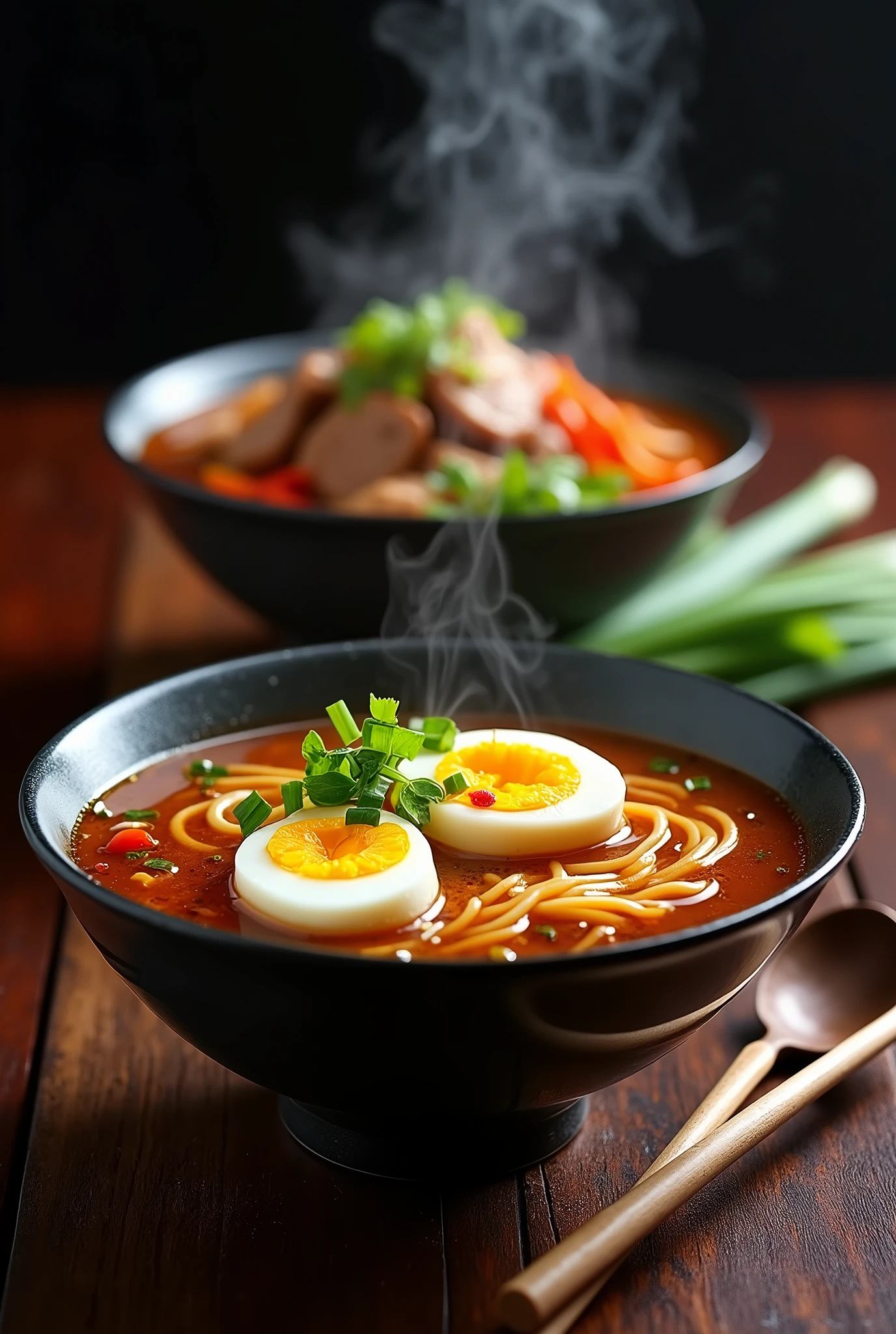 A delectable still life: two steaming noodle soups set against a dark background, foreground bowl adorned with a soft-boiled egg, green onions, and chopsticks, while the background bowl overflows with savory ingredients like meat and veggies. A bunch of fresh green onions lies nearby, awaiting their turn to garnish this mouthwatering meal, inviting the viewer to take a seat and dig in.