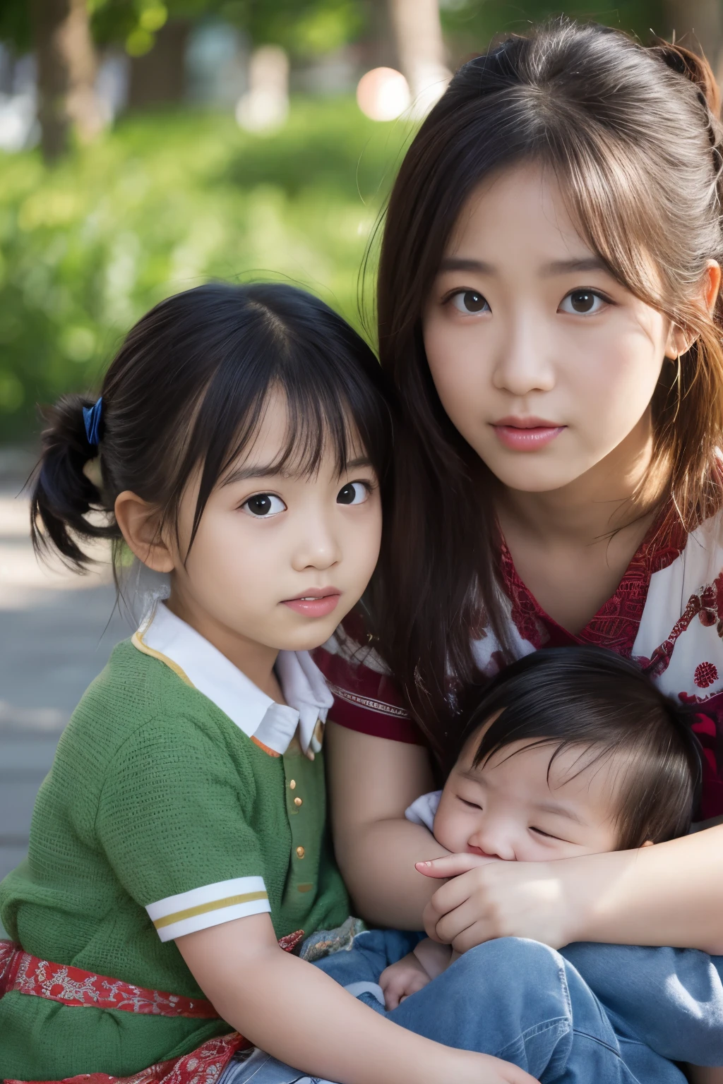 A masterpiece, a Japanese lookalike, a 32-year-old housewife hugging two children playing in the park, a portrait of three people in one photo