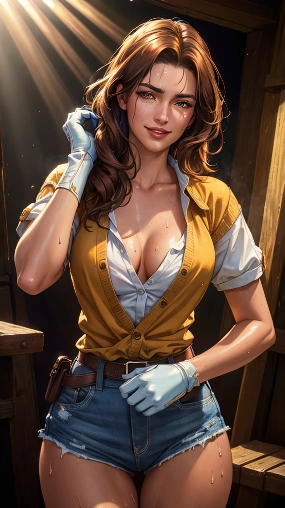 ((((masterpiece, Highest quality, High resolution)))), Extremely detailed 8K, 1 female, Dressed in a worn out cowboy outfit, (Ultra HD, Very detailed, Very detailed, Very realistic, Ultra-realistic, Photo Real), (One person:1.5), (Realistic brown hair), (Dynamic pose), To the camera, View your viewers, (smile), (Hazel Eyes, Sharp eyes), (Firm breasts:1.2), (Beautifully detailed face, Beautiful attention to detail), Sweat, Shine, (Sunbeam, sunlight), western drama, Fascinating, EnvyBetterHands LoCon,