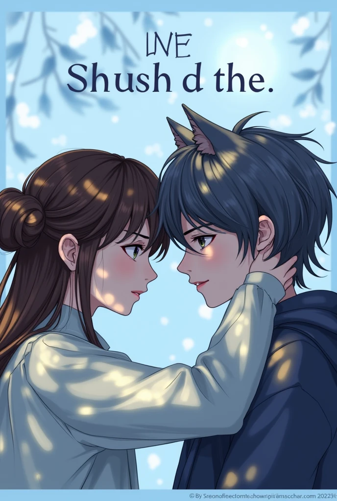 A beautiful detailed girl with long flowing brown hair, a dark grey-haired boy with cat ears, the girl putting her hand over the boy's mouth covering it, telling the guy shush, semi-realistic anime art style, detailed facial features, expressive eyes and lips, soft lighting, warm color palette, intricate background details, cinematic composition, digital painting, masterpiece