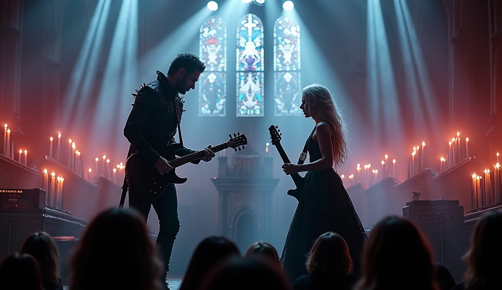 Gothic metal band, male vocalist and female vocalist, view from the stage.