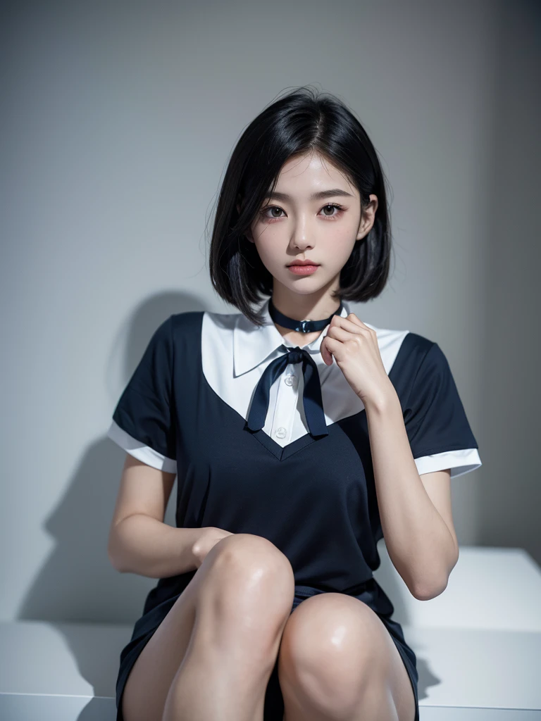 figure fingertips touch own lips with one hand while approaching on knees girl is beautiful japanese female and beautiful russian female mixed race only in the face age is 15 features of the whole body black hair medium straight bob cut hair style beautiful small face with short eyelashes boyish eyes only high nose dark blue pupils very thin upper lip milky white skin accurate attractive body shape beautiful bust waist hip s thighs knees legs choker and tie on neck wearing a navy blue swimming uniform half opend eyes shy face kindly and slightly