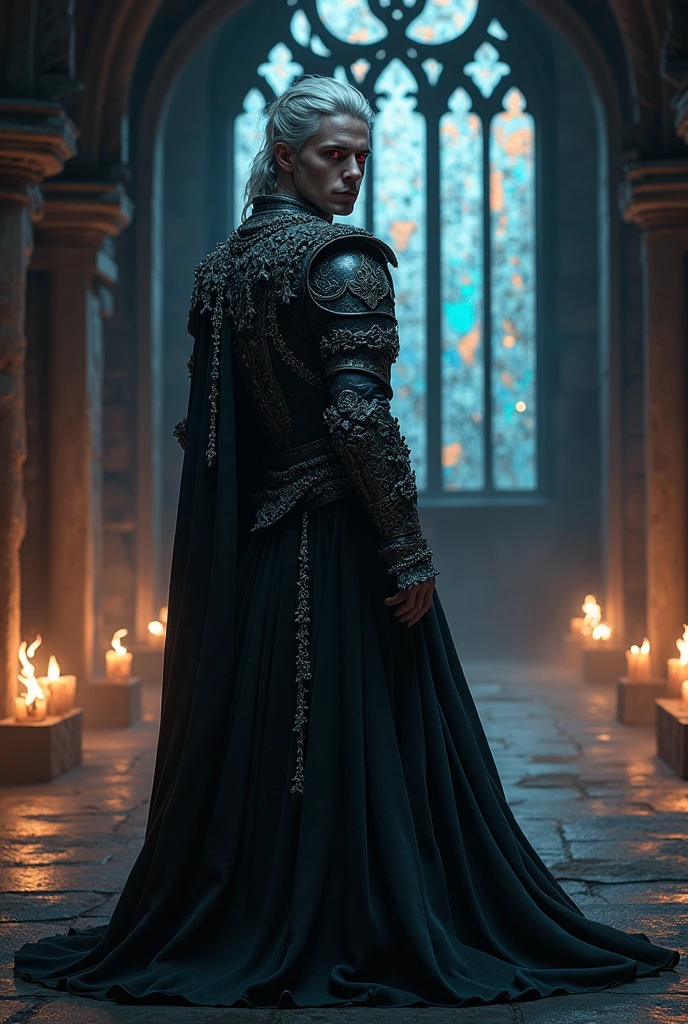 The silver-haired prince, cold and with red eyes, was filled with sorrow.