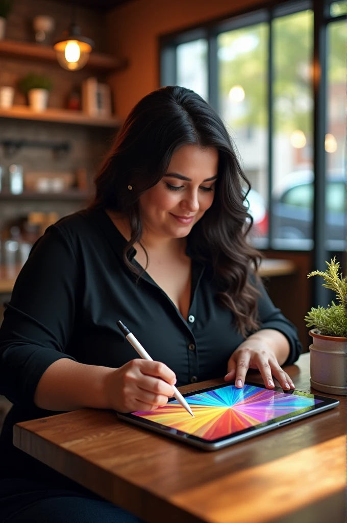 A plump woman with dark hair in a black blouse with an Apple tablet and a stylus in her hands