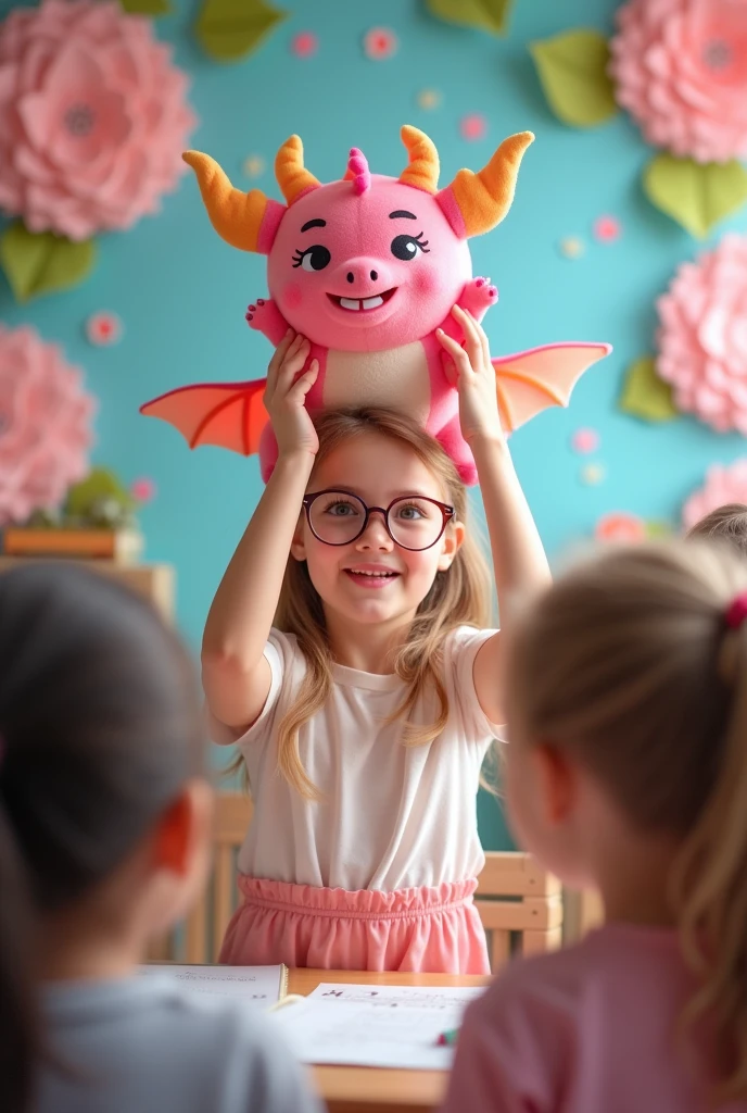 young lady techer with glasses hold the pink dragon toy and around childen studen / with frame many hydenyia flower cartoon chibi style
