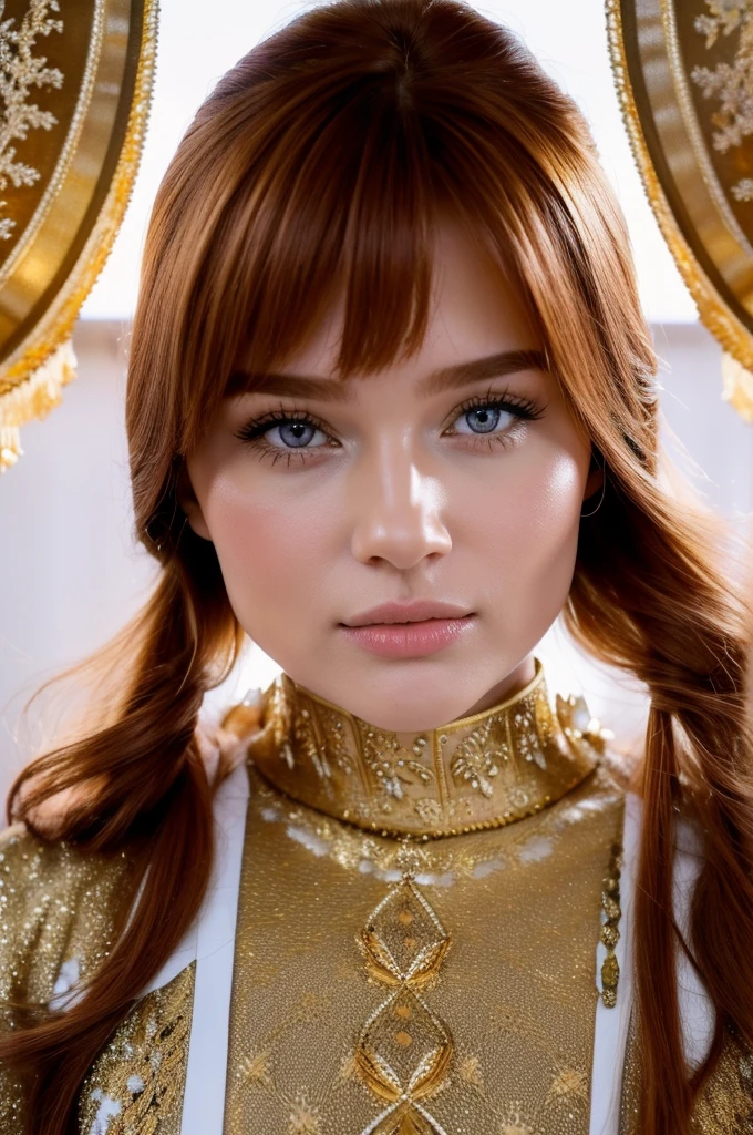 Ginger-haired Russian woman in traditional winter attire, capturing the essence of multiple adjectives such as kind-hearted, warm-hearted, sweet, polite, sensitive, friendly, charming, graceful, stylish, classy, alluring, majestic, ethereal, angelical, long hair framing the face, intricate embroidery on costume, soft glow accentuating gentle facial features, shot in the golden hour light.