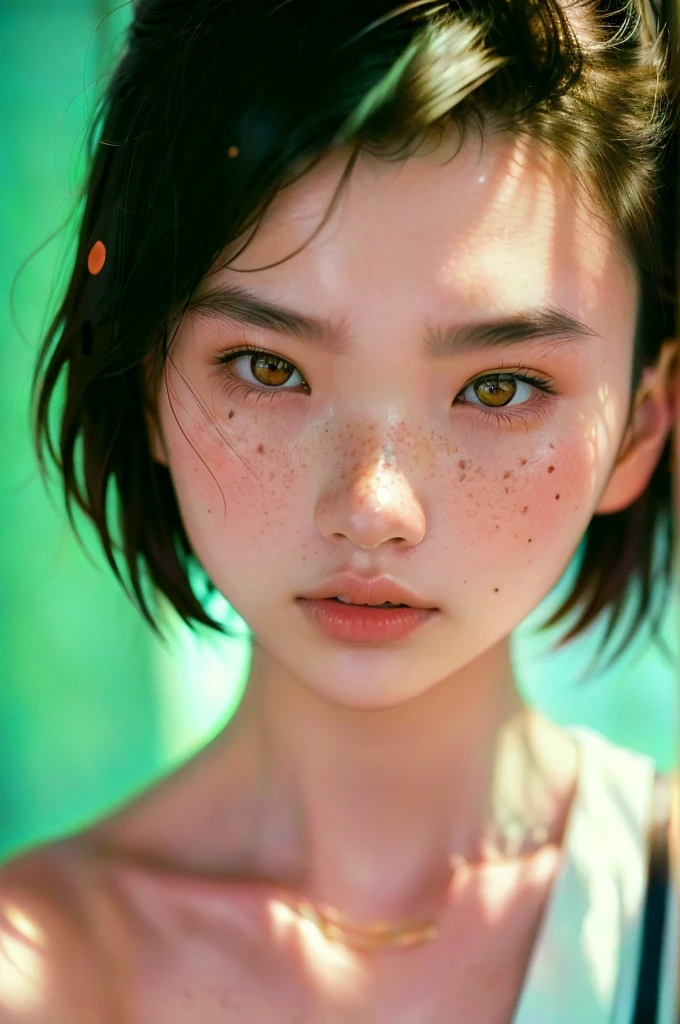 a beautiful japanese college girl with some freckles on her face inspired by hamada hideyaki shot by contax g1 with portra 800 film roll, ((short hair))
