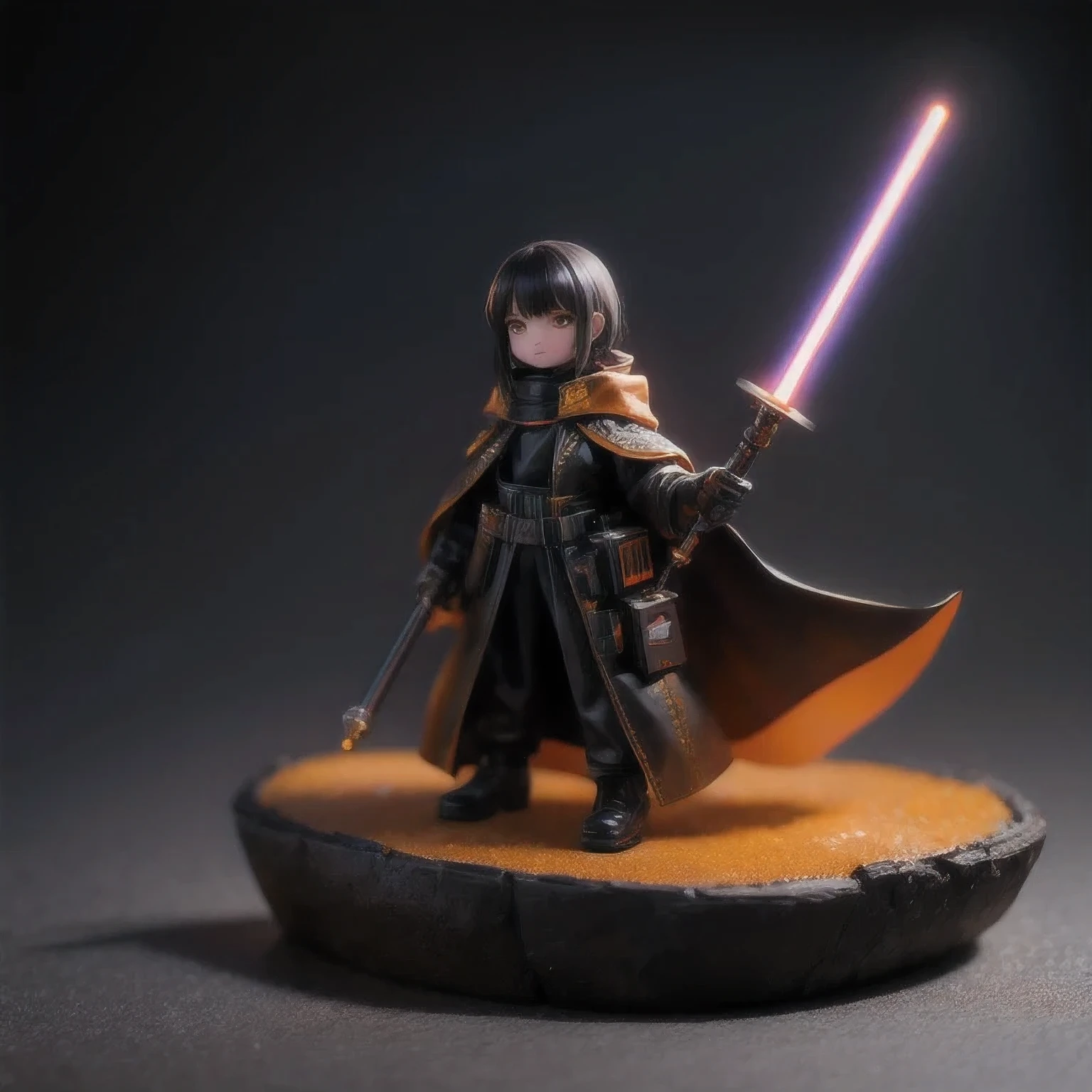 Black gold silk cyberpunk mine snow light orange rough linen cloak 6Trump lightsaber space floating 1:6 Miniatures，illustration