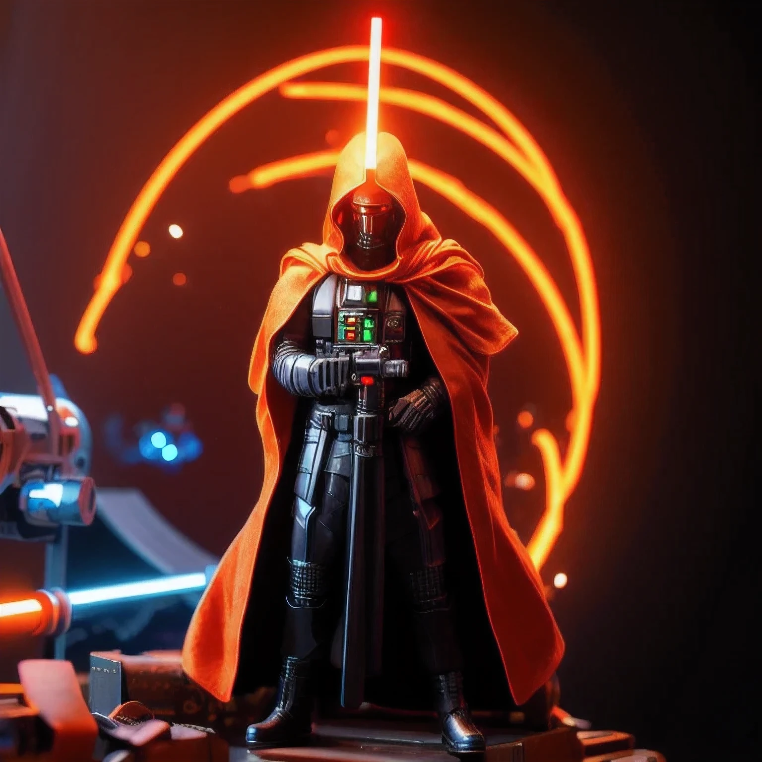 Black gold silk cyberpunk mine snow light orange rough linen cloak Trump lightsaber space floating 1:6 Miniatures，illustration