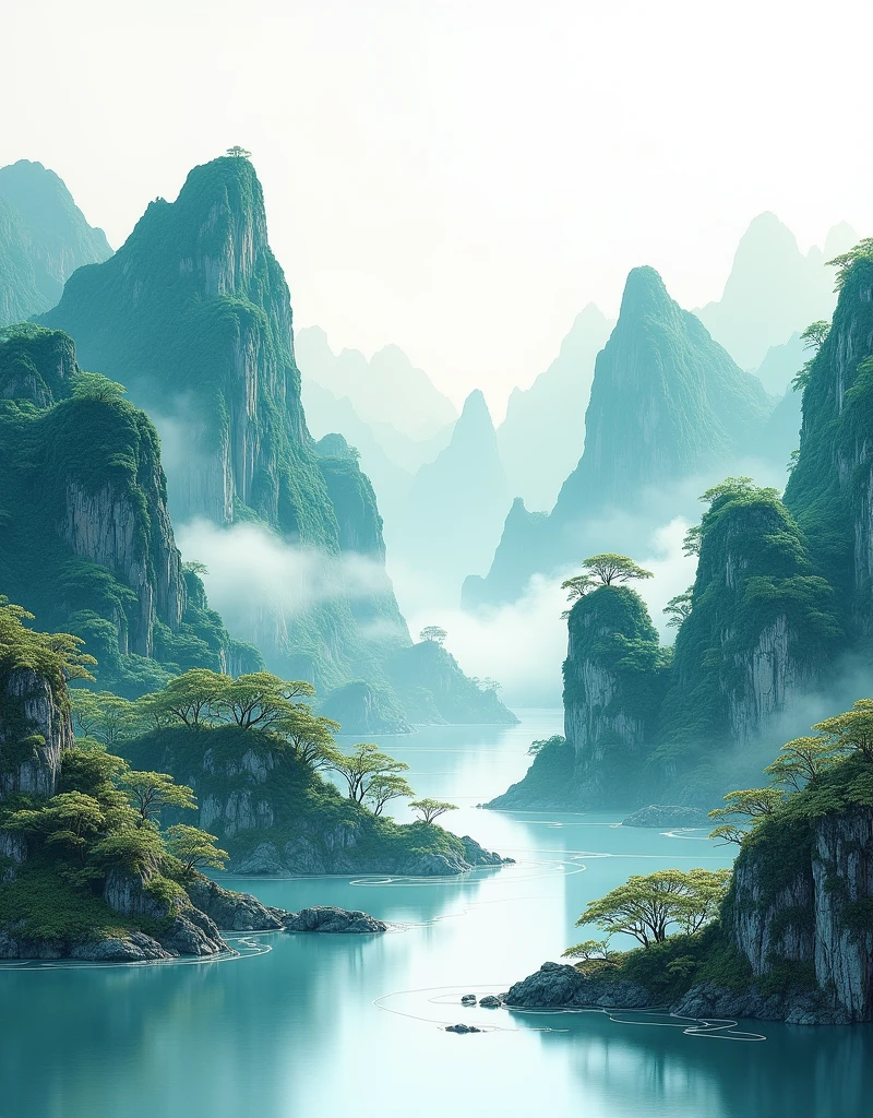 Chinese landscape painting, jade material, blue, greenand white color, gold line hook, white backgroundbright colors, natural lighting, best quality, Awardwinning work, blender, Full HD 8K