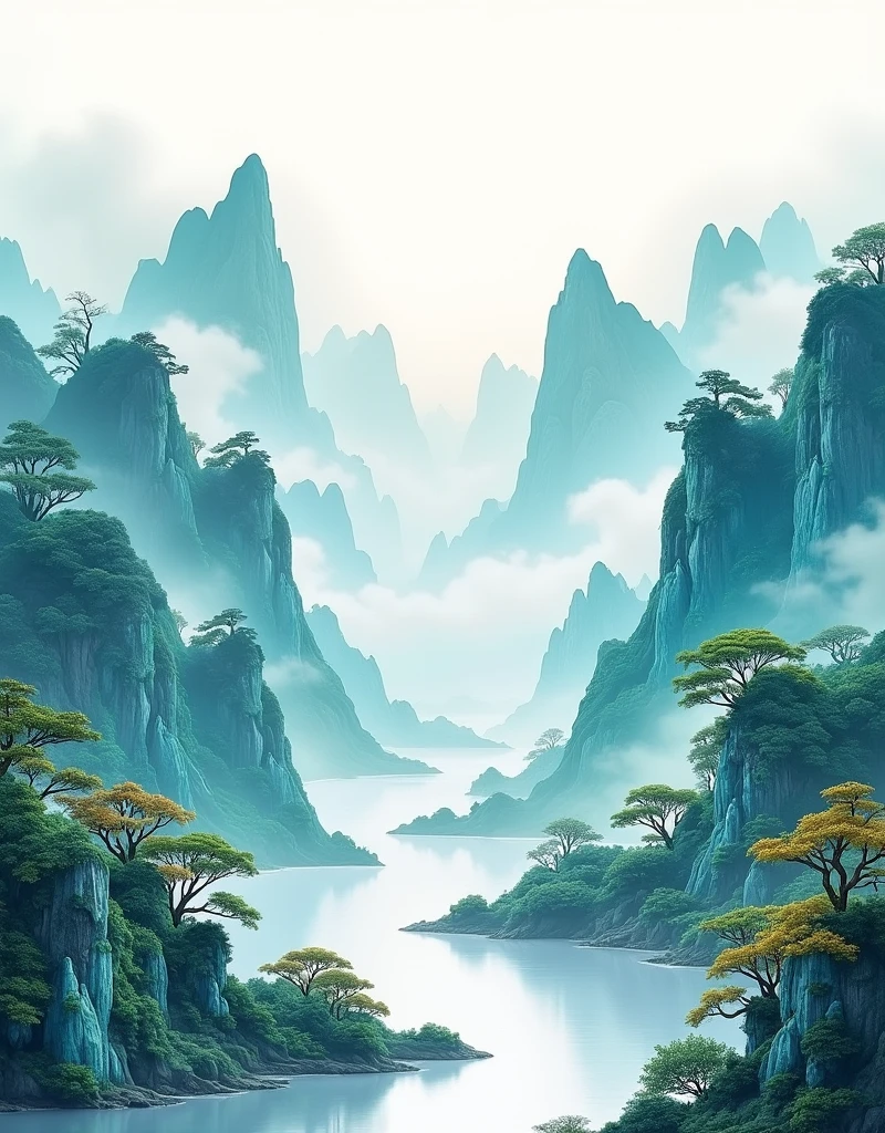 Chinese landscape painting, jade material, blue, greenand white color, gold line hook, white backgroundbright colors, natural lighting, best quality, Awardwinning work, blender, Full HD 8K