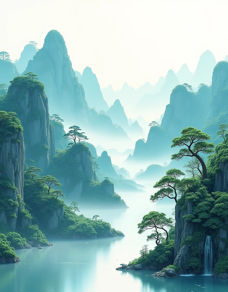 Chinese landscape painting, jade material, blue, greenand white color, gold line hook, white backgroundbright colors, natural lighting, best quality, Awardwinning work, blender, Full HD 8K