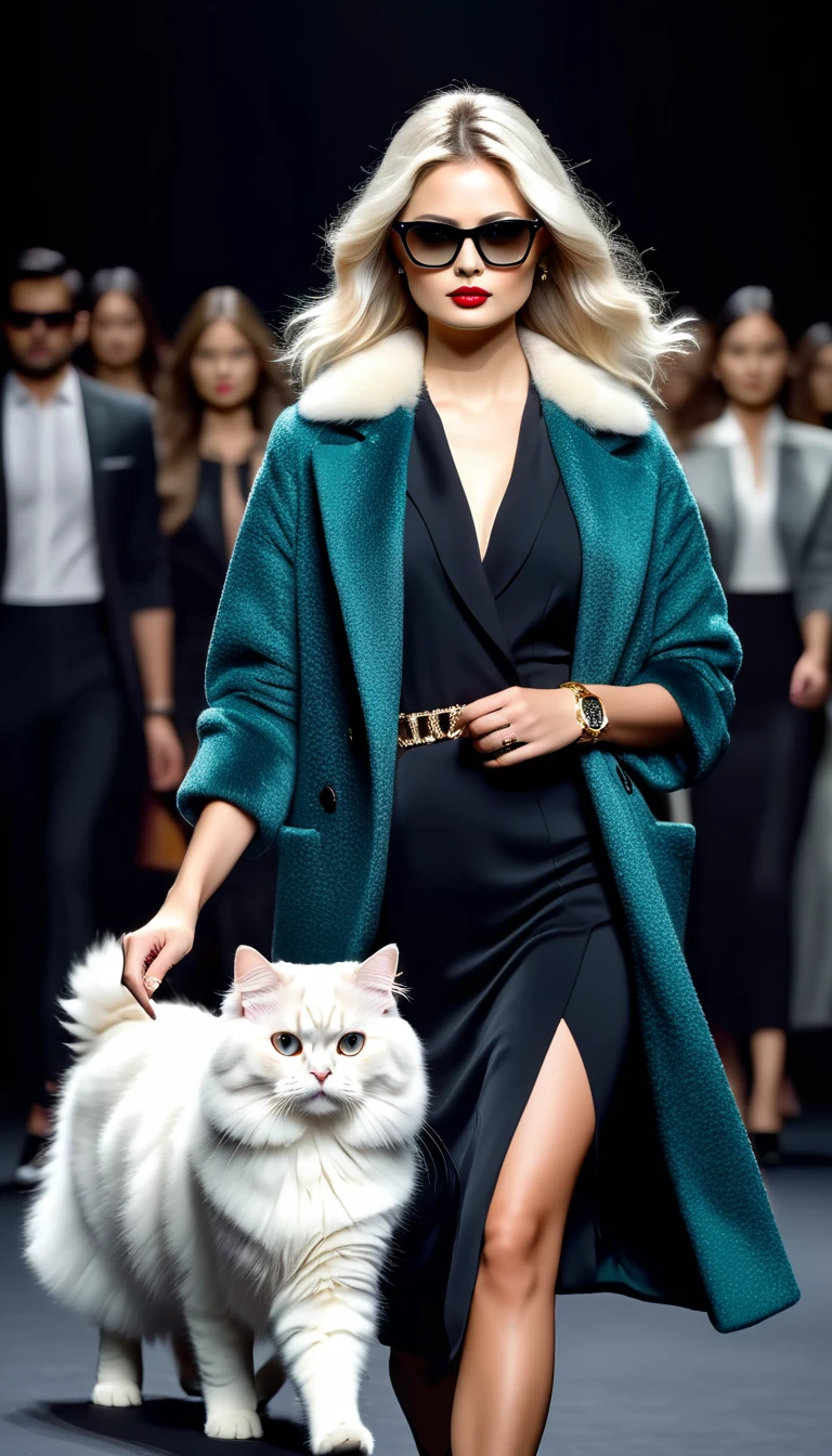best image quality, a fashion model, walking on the ramp in a fashion show with the audience in the background, a white Siberian cat in a stylish clothes style, black glasses, walking, wearing a luxury watch in hand. dark background. Cinematic quality, Still from the film. Hyper-realistic. Bright colors in nature.