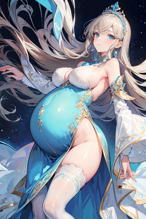 8k, masterpiece, very realistic, Full body (Sexy pregnant queen 1.2), very slim waist, slim thighs, elaborate detailed light blue detailed embroidered formal dress, long straight flowing light brown hair, elaborate detailed patterned white stockings, medium breasts, pregnant, (curved back 1.2), silver tiara with light blue gems 