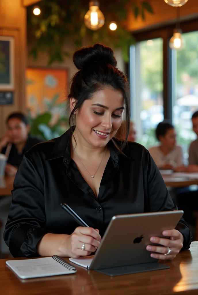 A plump woman with dark hair in a black blouse with an Apple tablet and a stylus in her hands