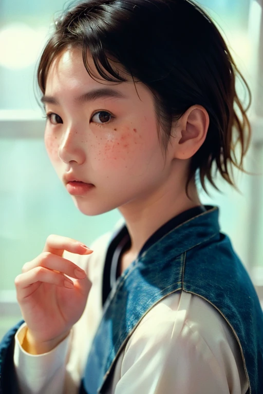 a beautiful japanese college girl with some freckles on her face inspired by hamada hideyaki shot by contax g1 with portra 800 film roll, ((short hair)), ((side view))