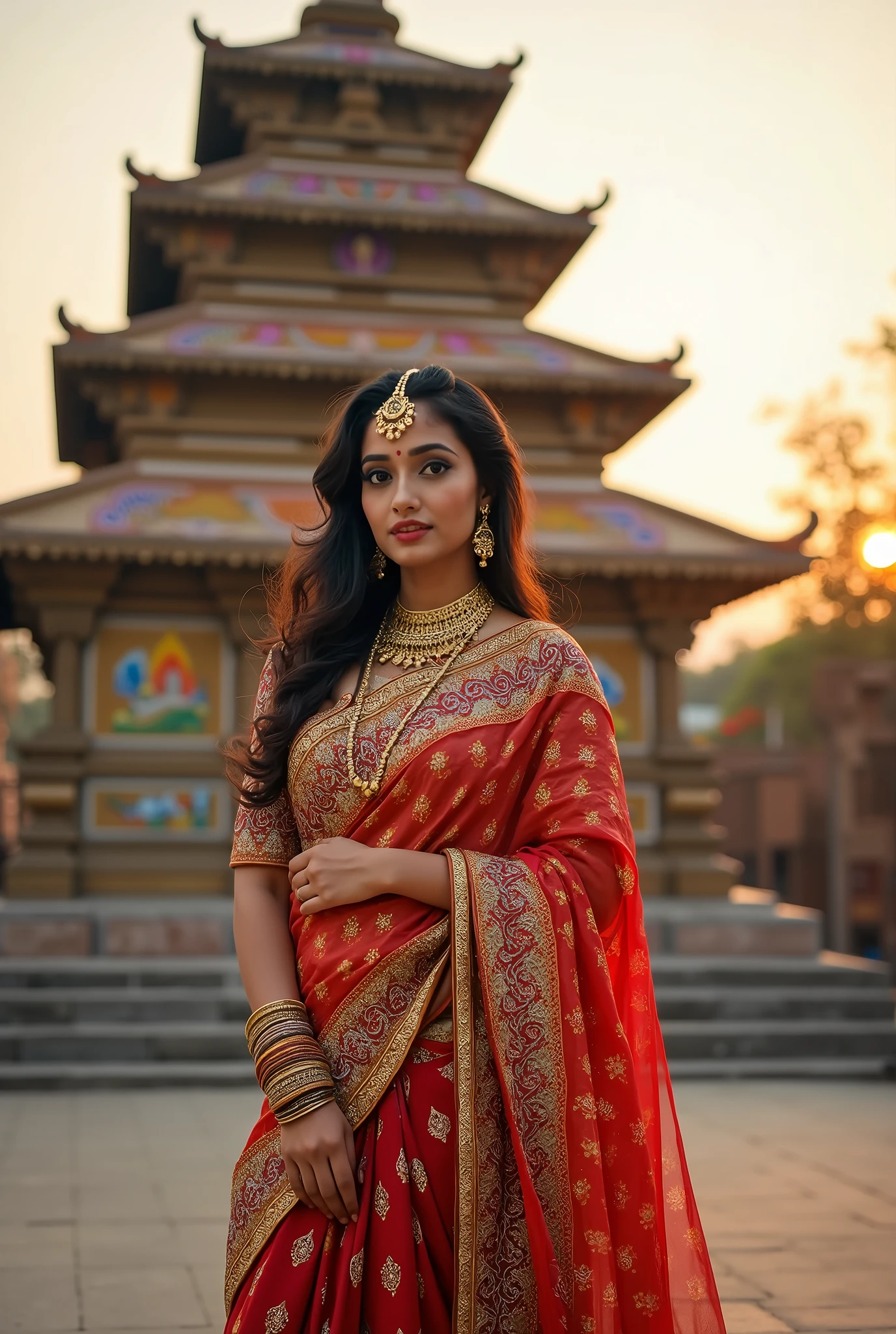 A Woman dressed in traditional Hindu attire, standing outside a temple. The background showcases the temple, beautifully integrated into the scene. In front of the woman, the name 'Varsha' is prominently written in an elegant style, blending harmoniously with the sacred and cultural atmosphere