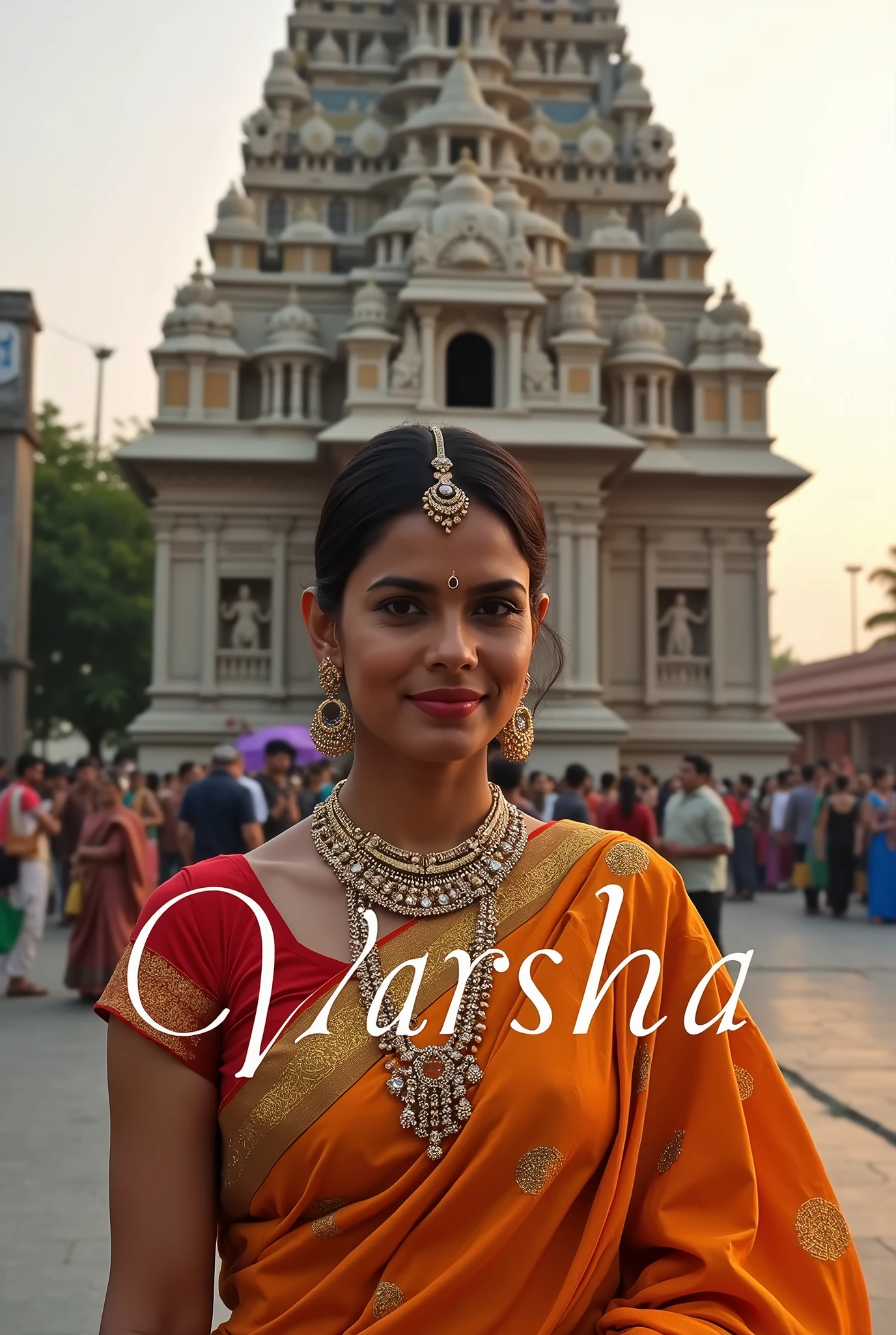 A Woman dressed in traditional Hindu attire, standing outside a temple. The background showcases the temple, beautifully integrated into the scene. In front of the woman, the name 'Varsha' is prominently written in an elegant style, blending harmoniously with the sacred and cultural atmosphere