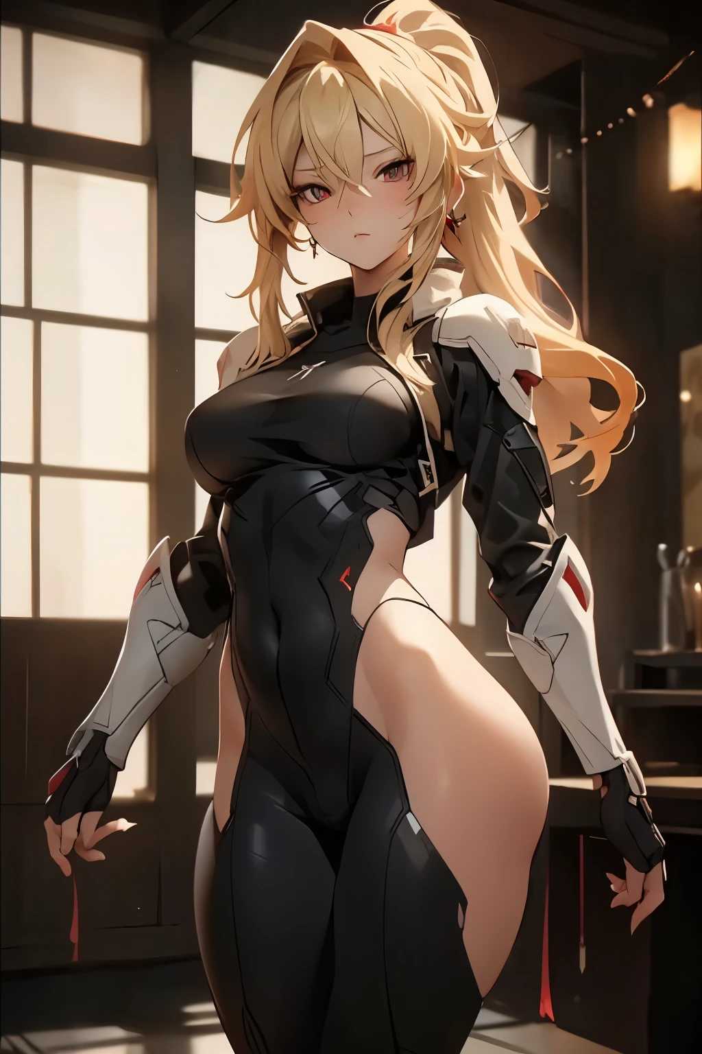 ((best quality)), ((Masterpiece)), (details:1.4), 3d, HDR (high dynamic range), amature woman, Blonde hair, High Ponytail, Red eyes, hips up จมูกโด่ง, ปากแดง, หน้าอกใหญ่, nvidia RTX, PBR surface, After processing, Anisotropic filtration,depth of field, Maximum clarity and clarity, multi-layered surface, Subsurface scattering, perfect proportions, 8K raw files, ความละเอียดสุดยอด, Unreal 5, Perfect proportions, Octane Render, Wide aperture, Low ISO, Holy Paladin, Heavy Red armor, jewely, ต่างหู