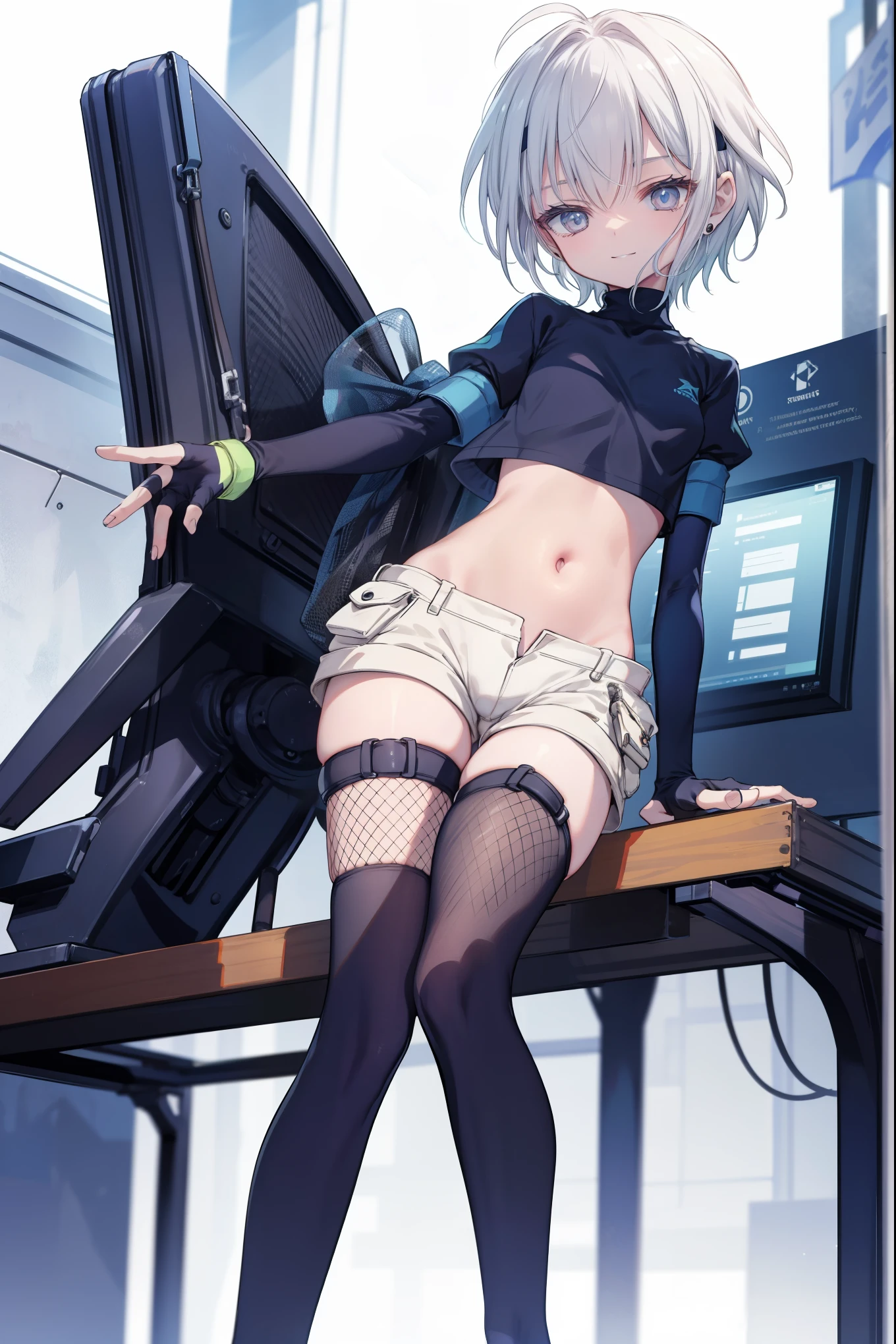 ,Haircuts, pixie cut,
壊す crop top, fingerless gloves, fishnet Thighhighs, fishnet, forehead protector, gloves, head band, belly button, short shorts, shorts, single sleeve, single thigh high, No sleeve, No sleeve turtleneck, Thighhighs, turtleneck,
bench、blue sky、smile, solo,rising_leg,solo