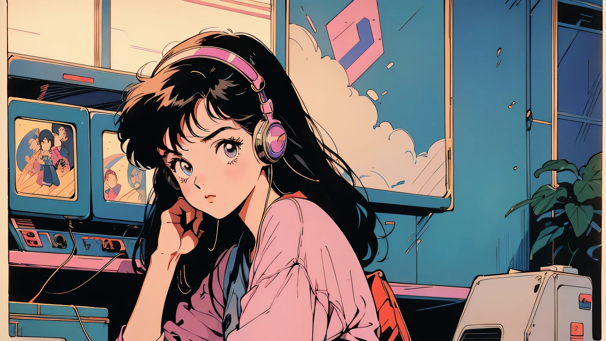 Retro arcade anime girl, Anime atmosphere of the 80s, 80s anime style, Retro Anime Girls, 1980's anime style, Retro anime images, Anime atmosphere, Playing games, Smoking、４ｋ、Wearing headphones