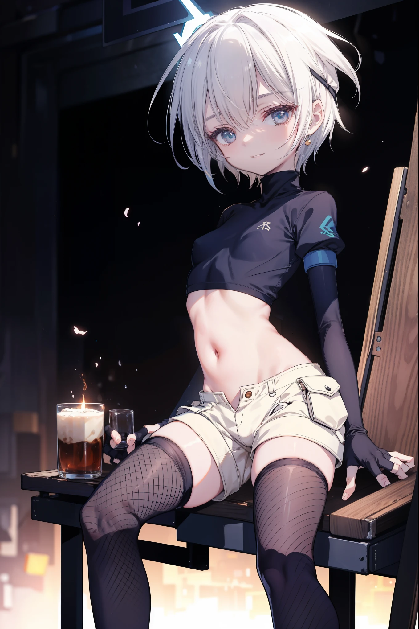 ,Haircuts, pixie cut,
壊す crop top, fingerless gloves, fishnet Thighhighs, fishnet, forehead protector, gloves, head band, belly button, short shorts, shorts, single sleeve, single thigh high, No sleeve, No sleeve turtleneck, Thighhighs, turtleneck,
bench、blue sky、smile, solo,rising_leg,solo