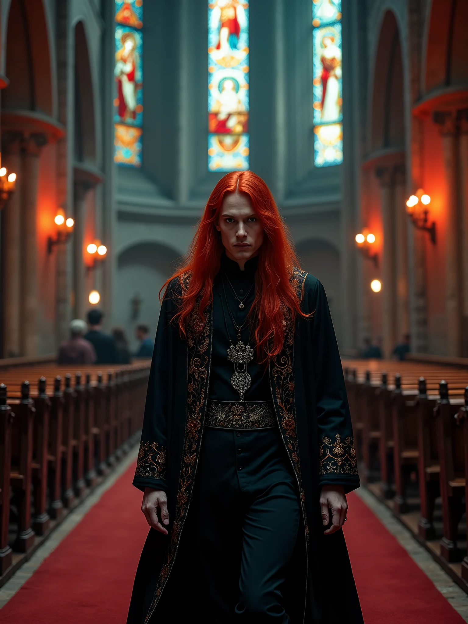 A striking cinematic image of a mysterious man with long, flowing red hair and piercing blue eyes. He is dressed in traditional priest attire with a touch of vintage gothic flair, complete with a long, flowing robe and ornate collar. The man walks in the central aisle of an ancient, darkly lit church, where the colors red and black dominate the scene. The church's architecture is ornate and gothic, with stained glass windows casting a warm, enigmatic glow., cinematic