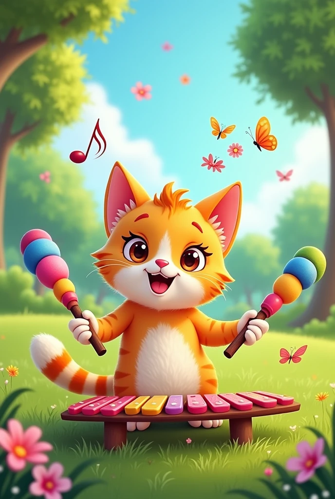 A cartoon cat played the glockenspiel.