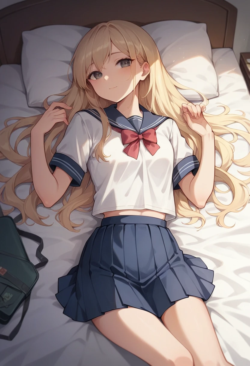 A cute blonde anime girl, teen girl, long hair, graceful, stylish, innocent, beautiful, slim,
School uniform,
Bedroom, laying on bed, Overhead shot
beautiful face, cute face, slim body,
Studio lighting, DSLR Quality Photo,