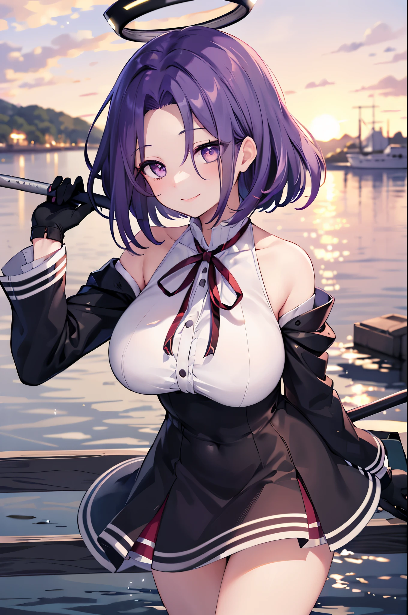 masterpiece, best quality, highres, mechanical halo, (big_breasts:1.2), black dress, neck ribbon, long sleeves, black gloves, outdoors, cowboy shot, standing, holding weapon, polearm,smile,,harbor_town_landscape,purple_halfeyes,(scornful eyes:1.4)