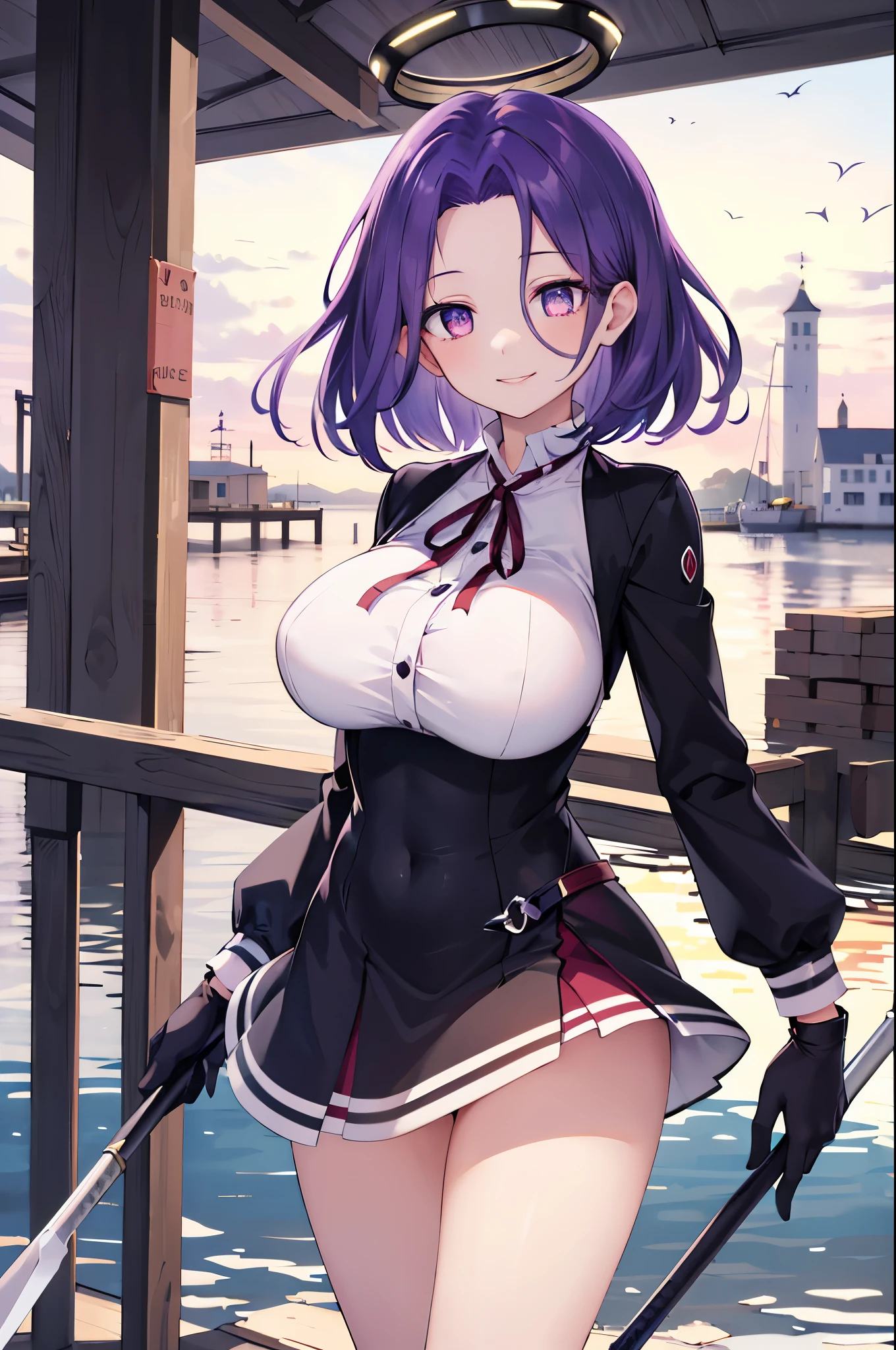 masterpiece, best quality, highres, mechanical halo, (big_breasts:1.2), black dress, neck ribbon, long sleeves, black gloves, outdoors, cowboy shot, standing, holding weapon, polearm,smile,,harbor_town_landscape,purple_halfeyes,(scornful eyes:1.4)