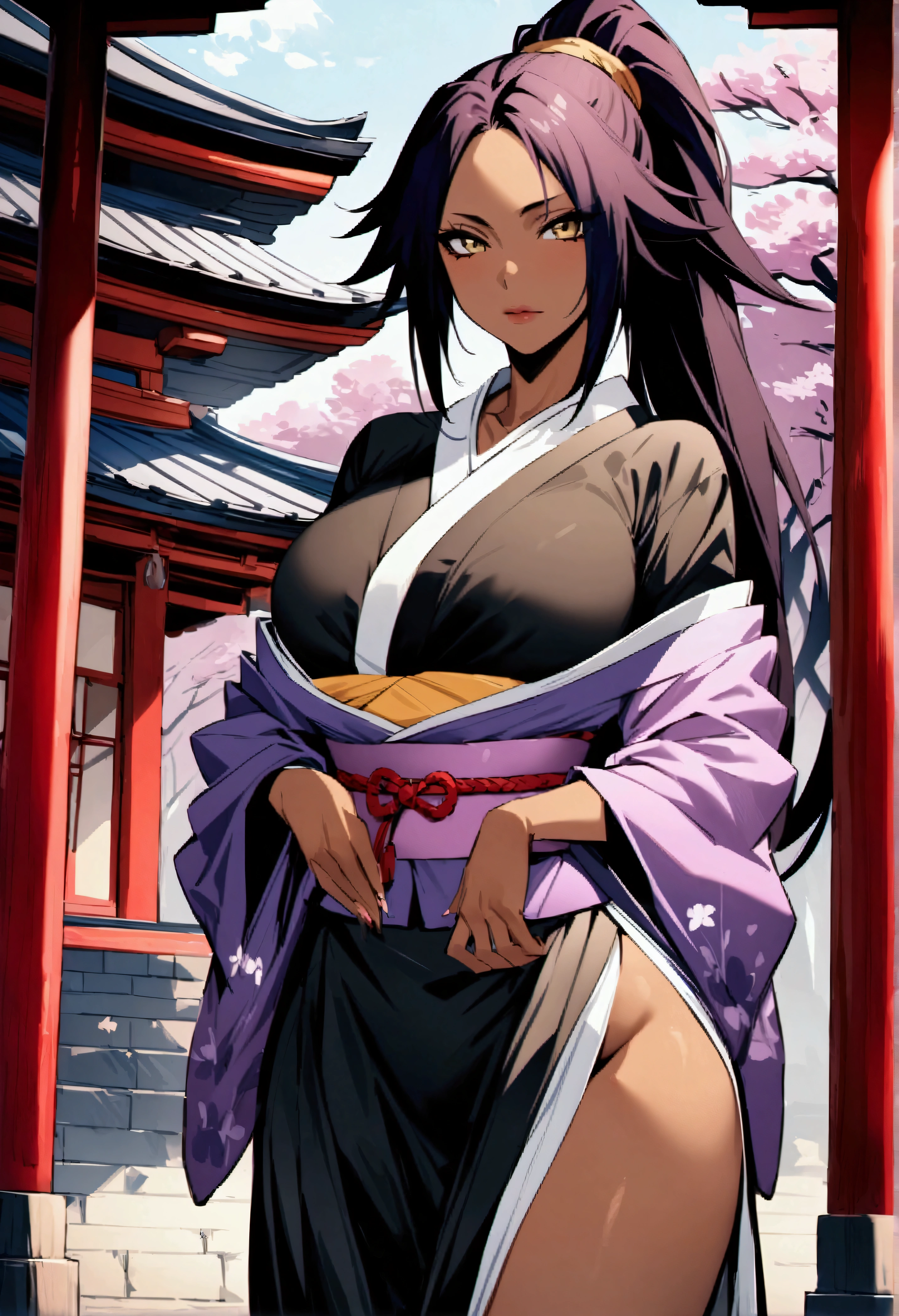 Highest quality、Masterpiece、Super detailed、Yoruichi\(Bleach\),Twelve-layered kimono、kimono、shrine、