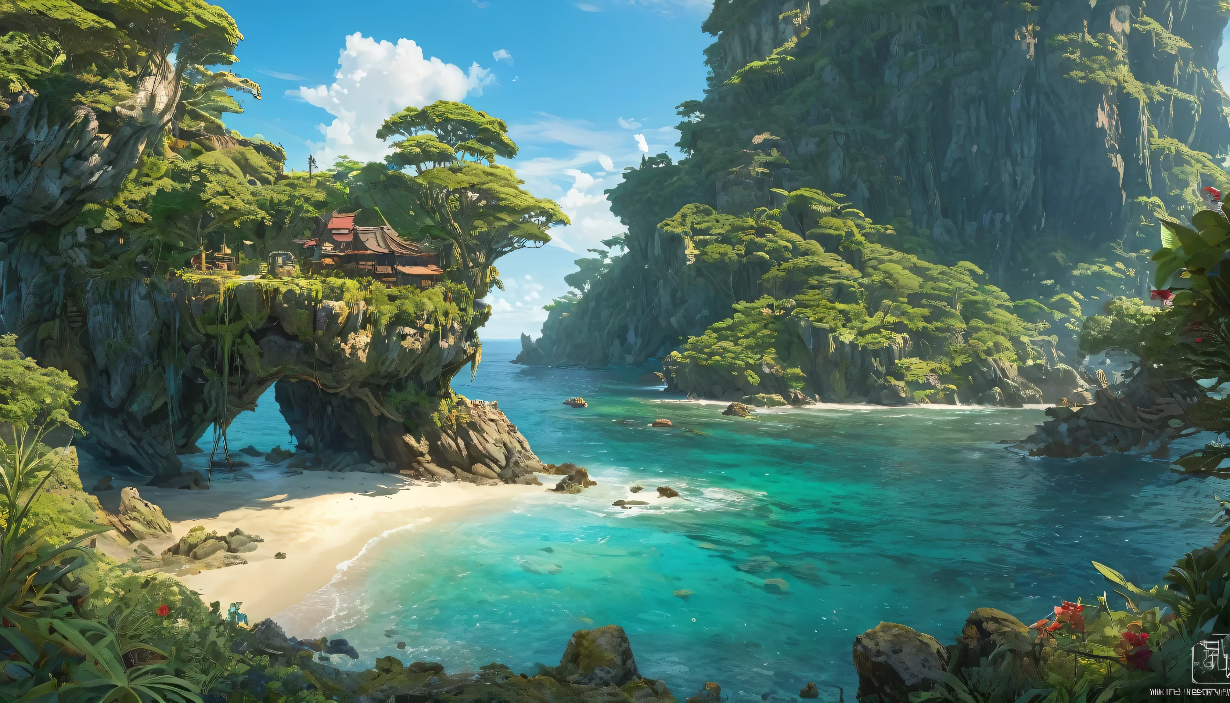 (anime, fantasy, island), (detailed CG unity 8k wallpaper, masterpiece, best quality, ultra-detailed, HDR:1.2), a sole uninhabited island in the middle of the ocean, detailed landscape, wierd vegetation, undiscovered. {4k texture}, vibrant color, intricate. From Brian Froud and Carne Griffiths and Wadim Kashin and John William Waterhouse
