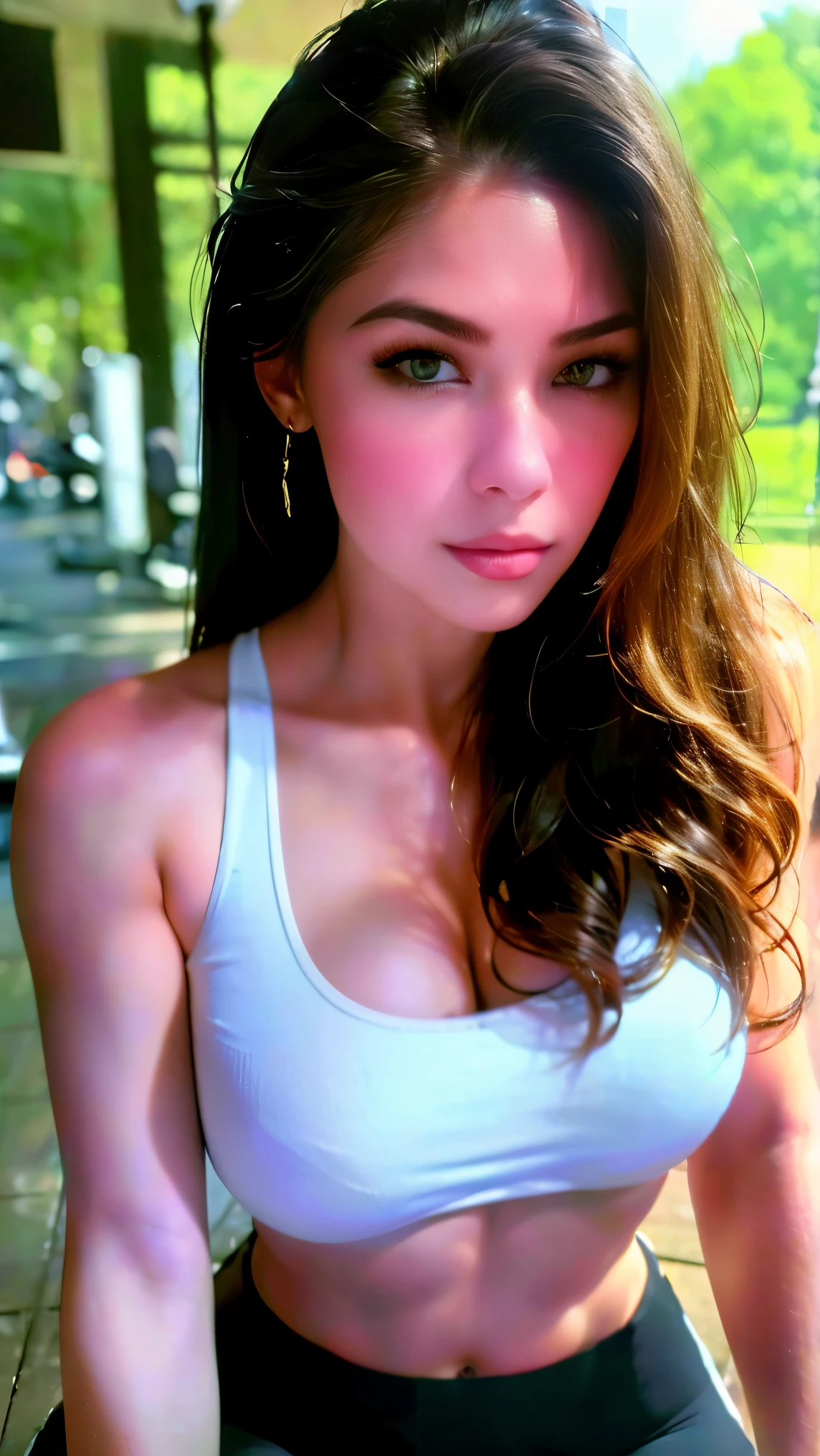 (((ultra realistic))) Photo, masterpiece, top quality, (pale skin), (Ultra detailed face and eyes:1.2), Bright eyes, 1 girl, Mary R., at the gym, workout bench, fountain, ((Gym workout outfit with no Brand logo:1.2)), (Black sexy leggings and cropped top), (white sneakers), Dark background, (Eye makeup, mascara) , ((Dark wavy hair)) , ((Stylish hairstyle)) , (Natural breasts), (A slight smile), ((Posing)), photoshoot, studio (Contour lighting), (The play of light and shadows), depth of field, bokeh, (special attention to skin detail: 1.2), Detailed leather texture, skin pores, ((Dark and gloomy atmosphere frame. color scheme - black, Gray, Ashen, Tons)), ((Film grain, VHS effect)), ((rays)) , ((waist up portrait, close to the camera)) , ultra detialed,