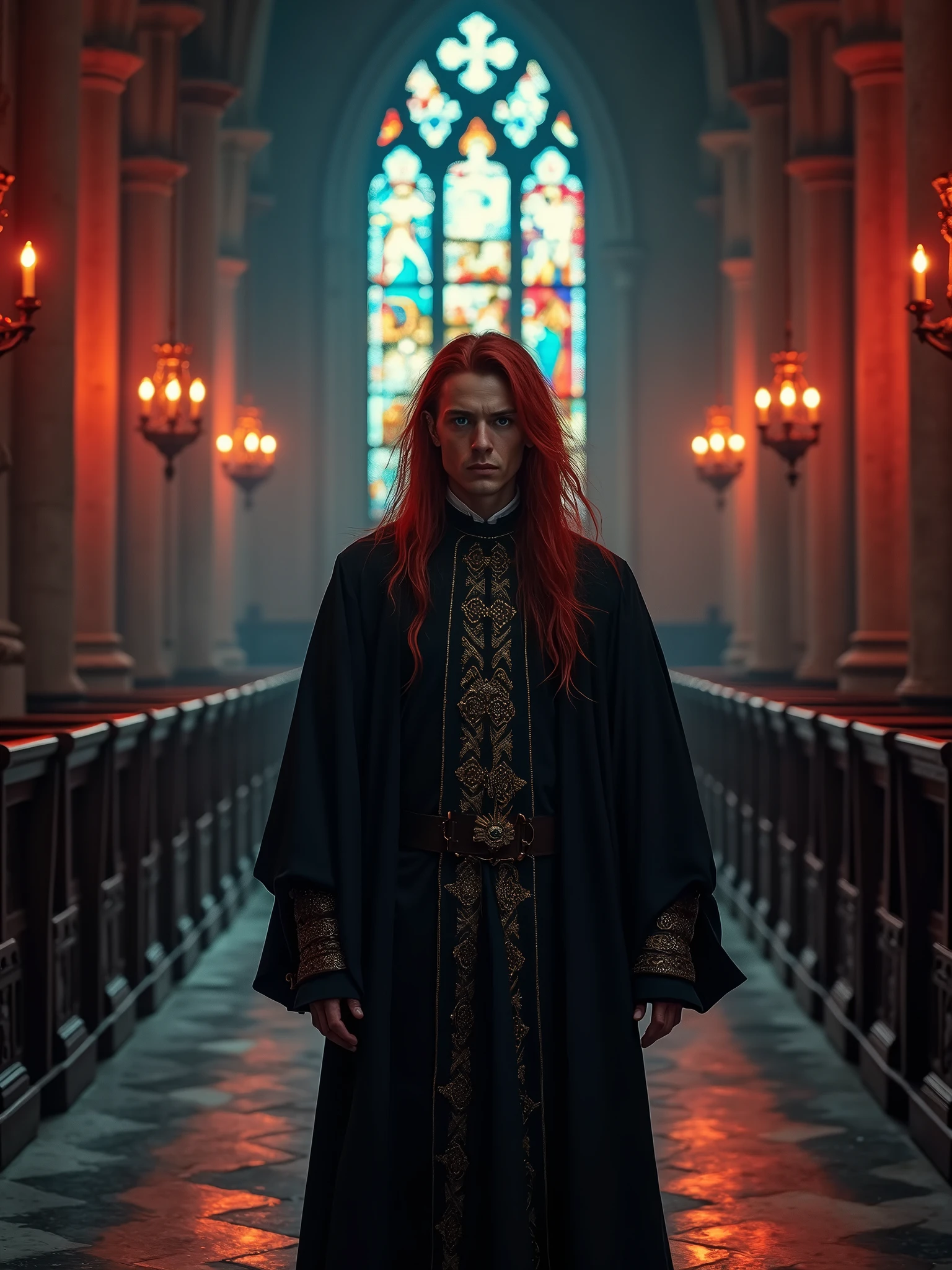A striking cinematic image of a mysterious man with long, flowing red hair and piercing blue eyes. He is dressed in traditional priest attire with a touch of vintage gothic flair, complete with a long, flowing robe and ornate collar. The man walks in the central aisle of an ancient, darkly lit church, where the colors red and black dominate the scene. The church's architecture is ornate and gothic, with stained glass windows casting a warm, enigmatic glow., cinematic