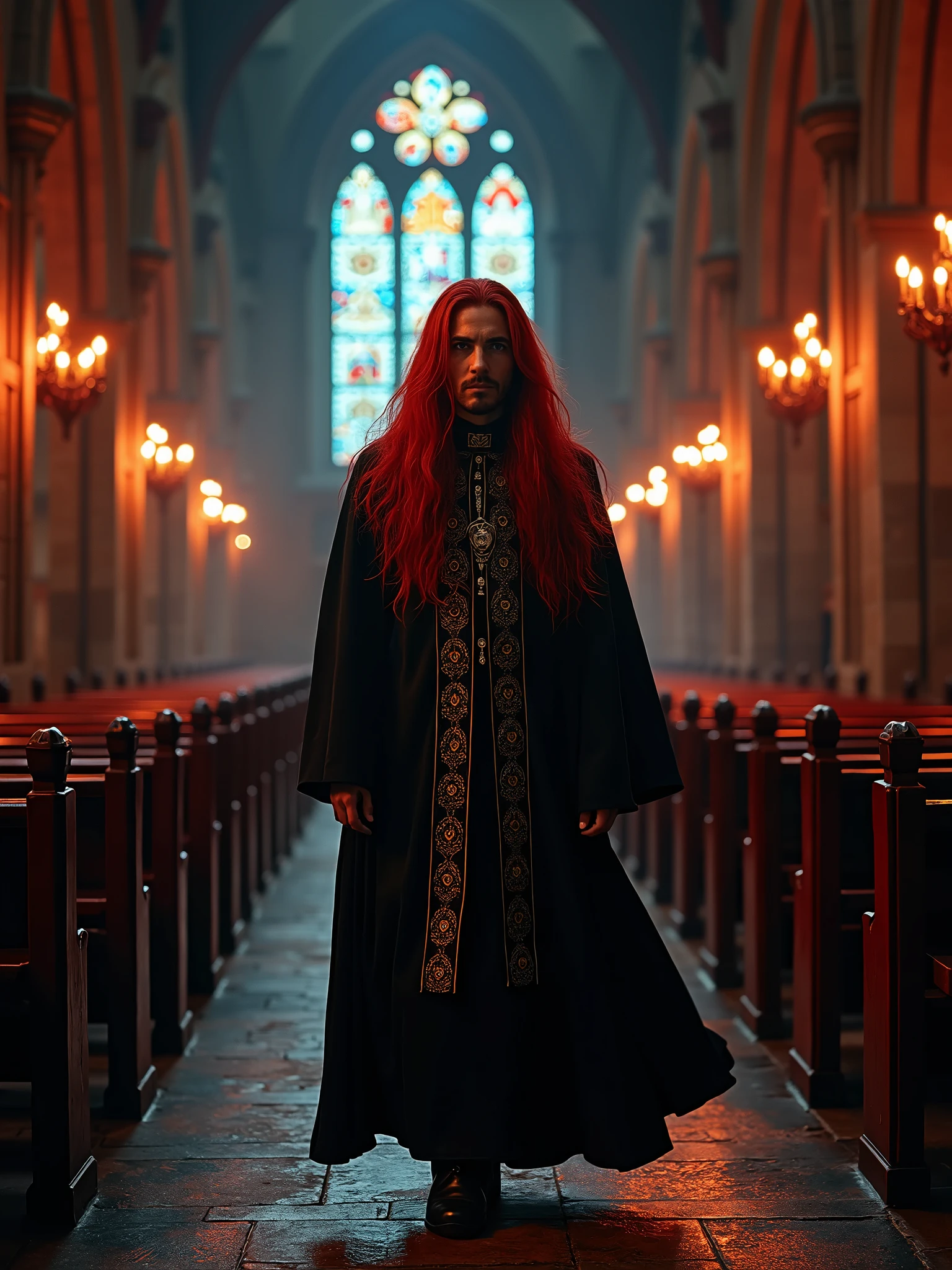 A striking cinematic image of a mysterious man with long, flowing red hair and piercing blue eyes. He is dressed in traditional priest attire with a touch of vintage gothic flair, complete with a long, flowing robe and ornate collar. The man walks in the central aisle of an ancient, darkly lit church, where the colors red and black dominate the scene. The church's architecture is ornate and gothic, with stained glass windows casting a warm, enigmatic glow., cinematic