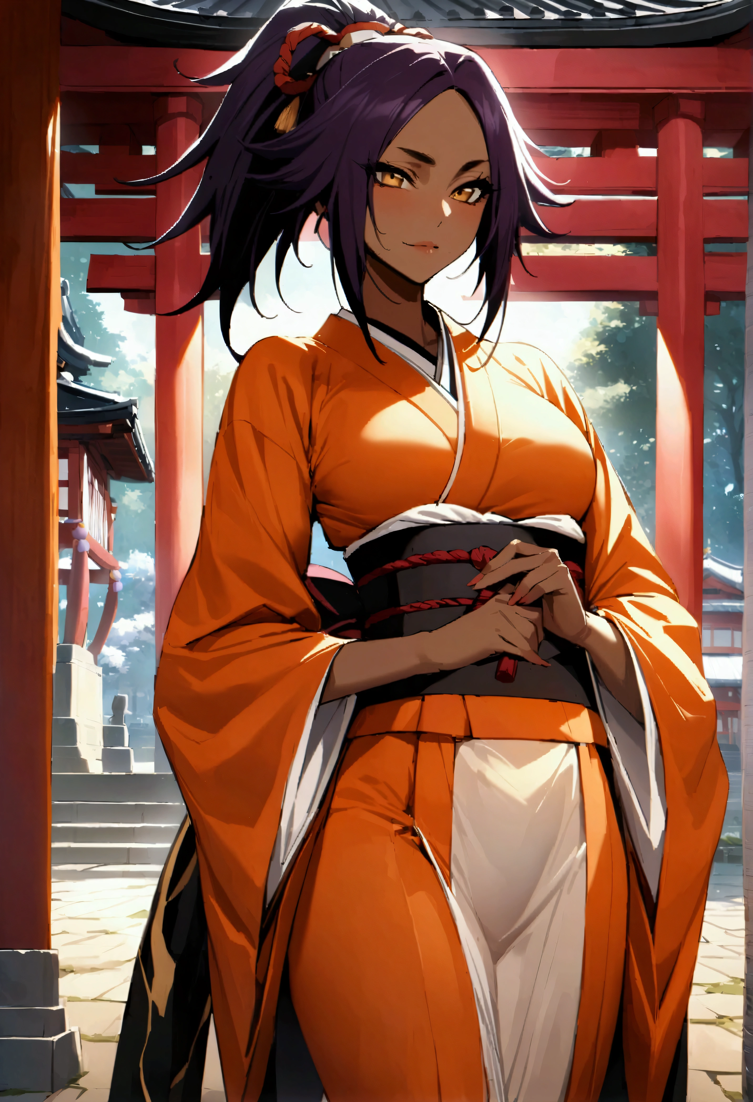 Highest quality、Masterpiece、Super detailed、Yoruichi\(Bleach\),Twelve-layered kimono、kimono、shrine、