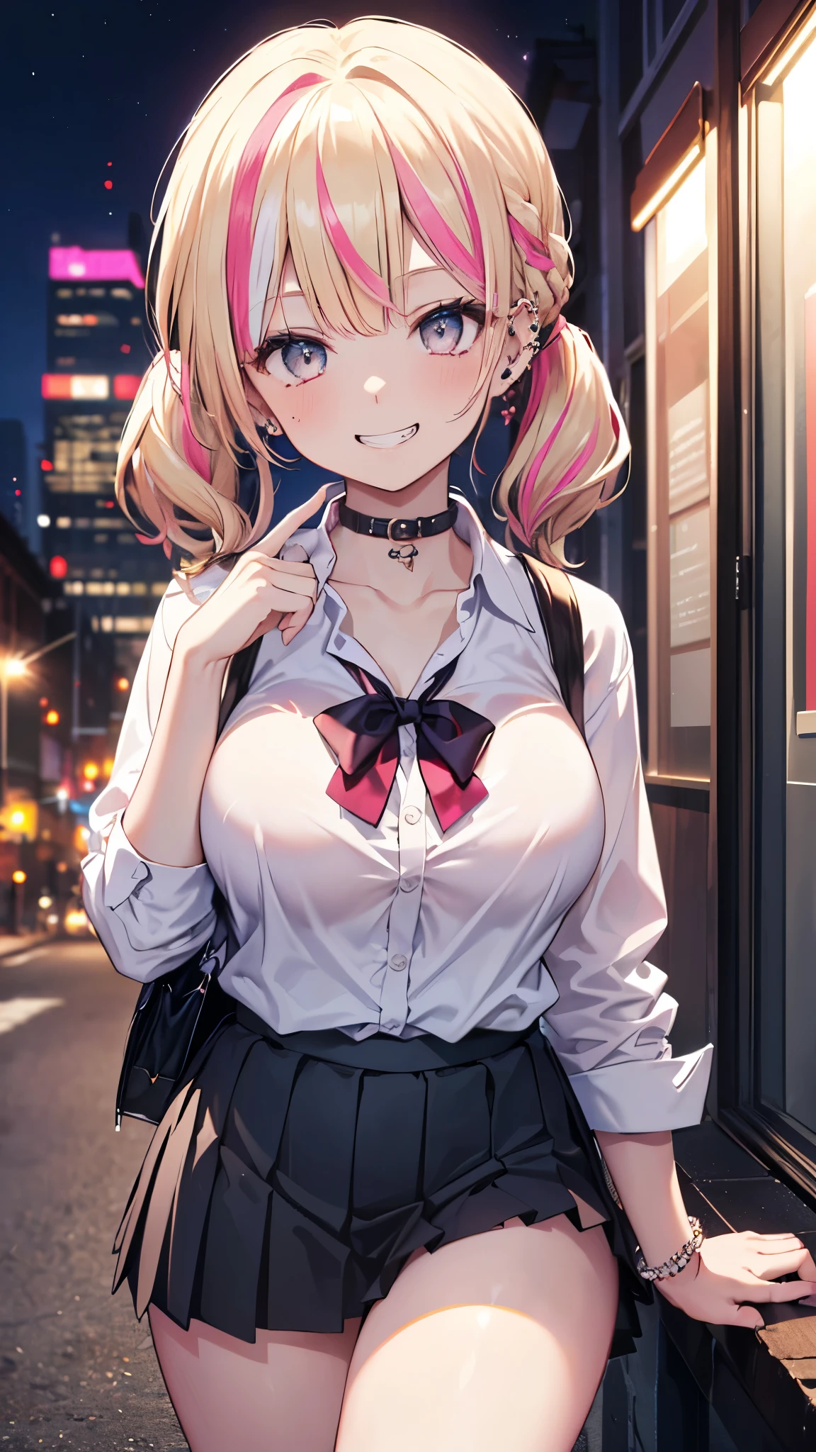 ((masterpiece、Highest quality、Very detailed))、One person、gyaru、((Blonde:1.2))、twintails、((pink streaked hair))、Grey Eyes、evil smile、((Grin))、((lots of piercing))、Large Breasts、((White collared shirt))、clavicle、((Black pleated skirt))、Thick thighs、((micro miniskirt))、Cowboy Shot、((night))、Downtown background