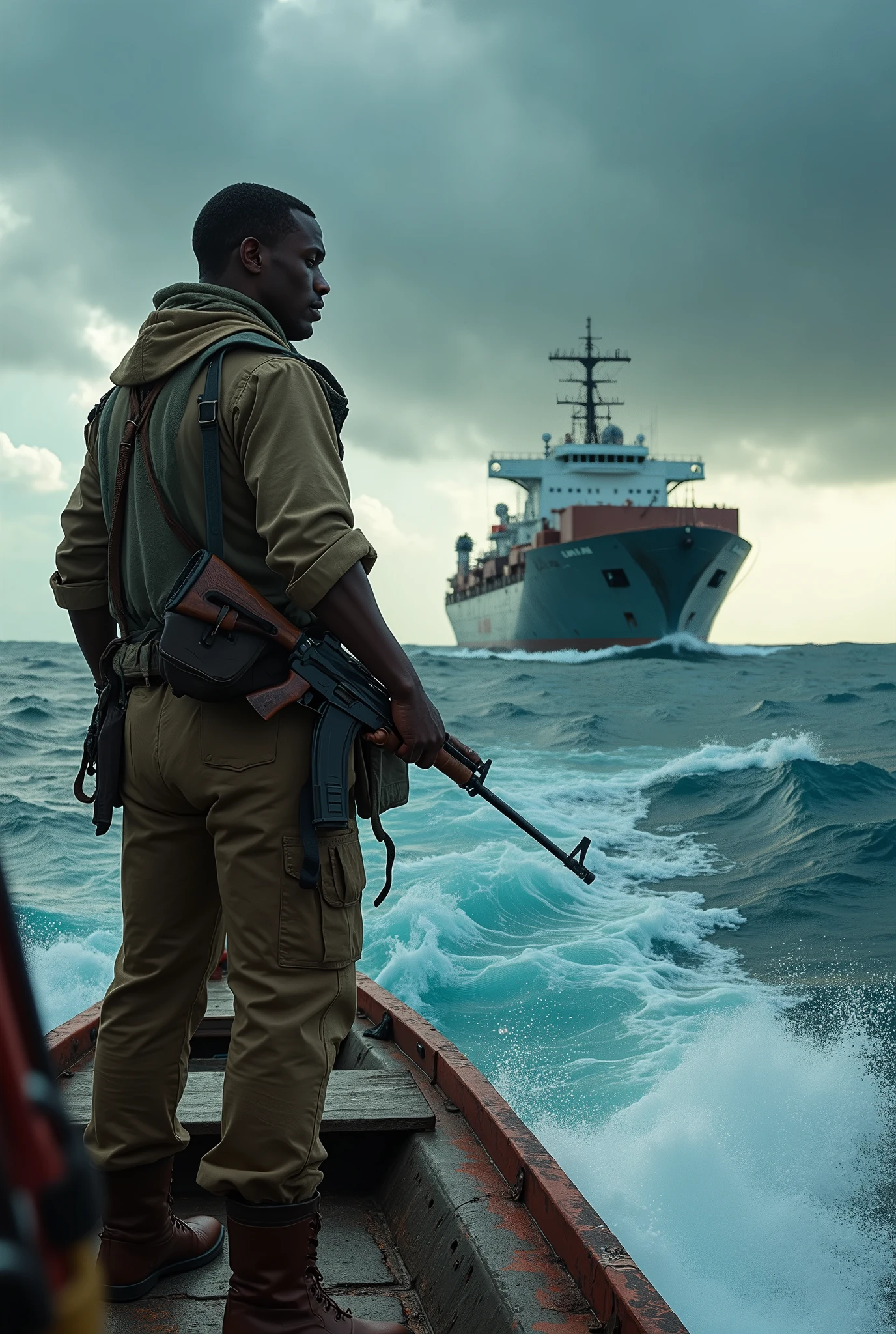 Somali pirate spots American sailor on large ship, the two face each other on the high seas, both are armed