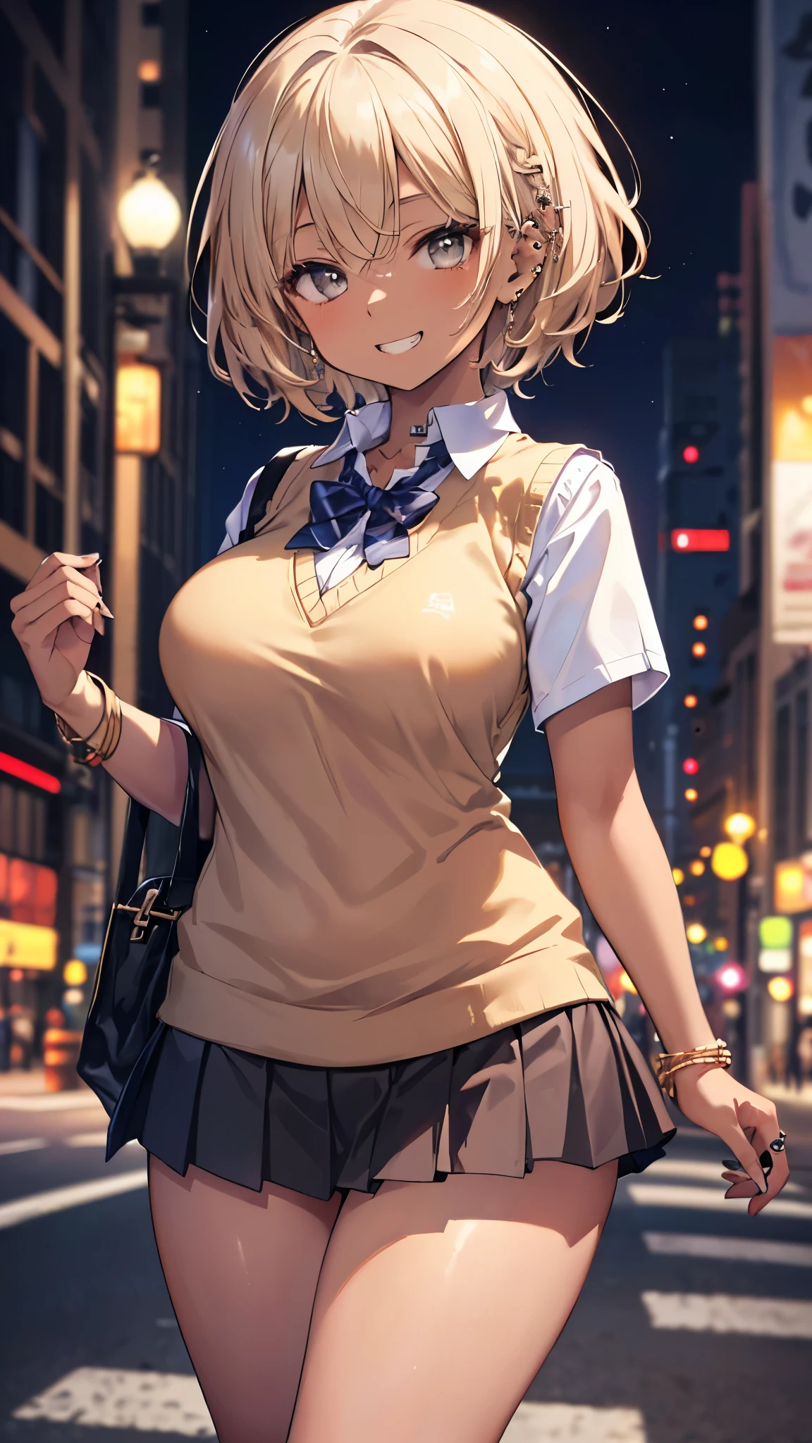 ((masterpiece、Highest quality、Very detailed))、One person、gyaru、((Brown skin:1.3))、Blonde、short hair、Grey Eyes、evil smile、((Grin))、((lots of piercing))、Large Breasts、((White collared shirt))、clavicle、((light brown sweater vest))、((Black pleated skirt))、Thick thighs、((micro miniskirt))、Cowboy Shot、((night))、Downtown background