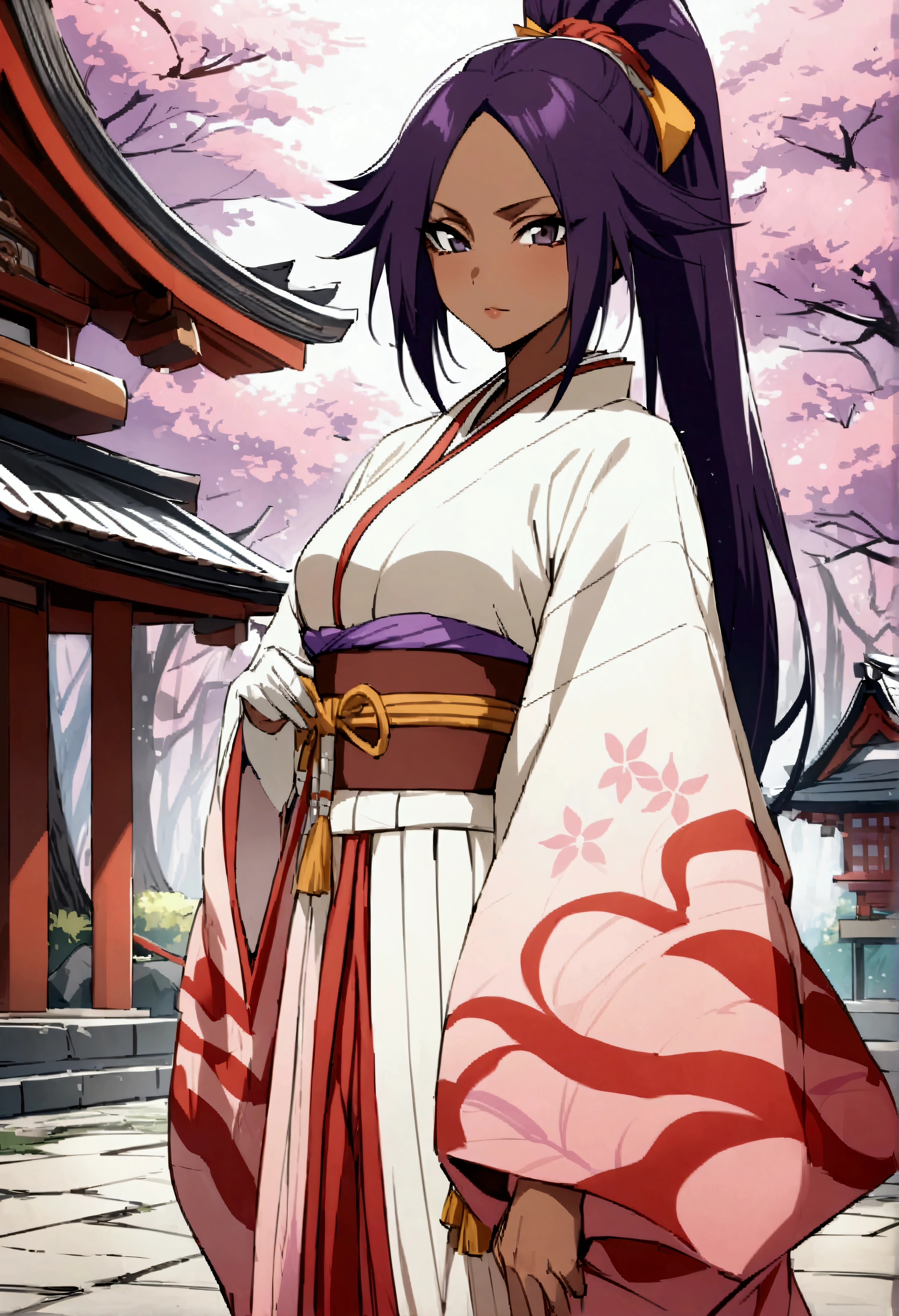 Highest quality、Masterpiece、Super detailed、Yoruichi\(Bleach\),Twelve-layered kimono、kimono、shrine、