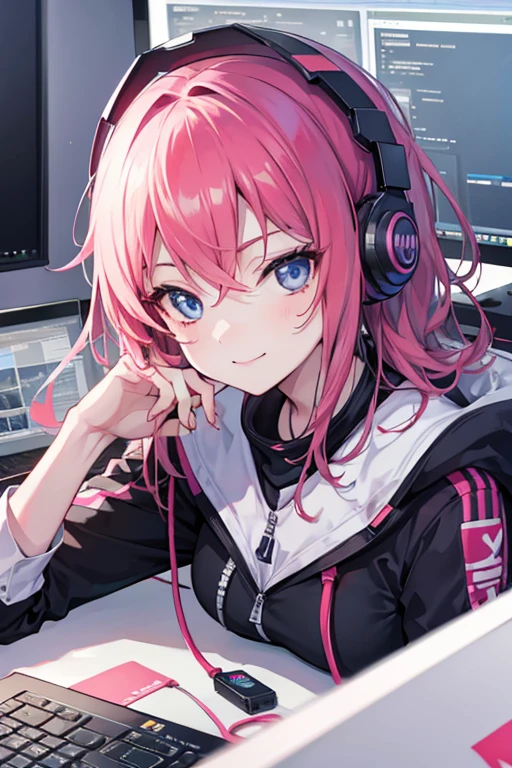 Woman sitting at a desk with a laptop and a microphone, Sit in front of the microphone, Twitch Streamer, Twitch Streamer/Gamer Ludwig, Be interviewed, An accurate portrait, Taking the lead with a smile, H3H3, With a happy expression, Precise Representation, In front of the computer, Trend Art, Shutterstock, Studio shot, Very expressive, Realistic Anime, Drawn,