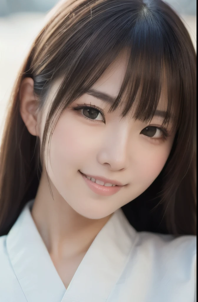 best quality, face focus, soft light, ultra high res, (photorealistic:1.4), RAW photo,(Shinozaki Ai), white skin, kawaii, 1 Japanese girl, solo, cute, (smile), (pupil, lights in the eyes),  detailed beautiful face, Medium-sized breasts,(high resolution detail of human skin texture),(long hair),(portrait), upper body, white traditional kimono