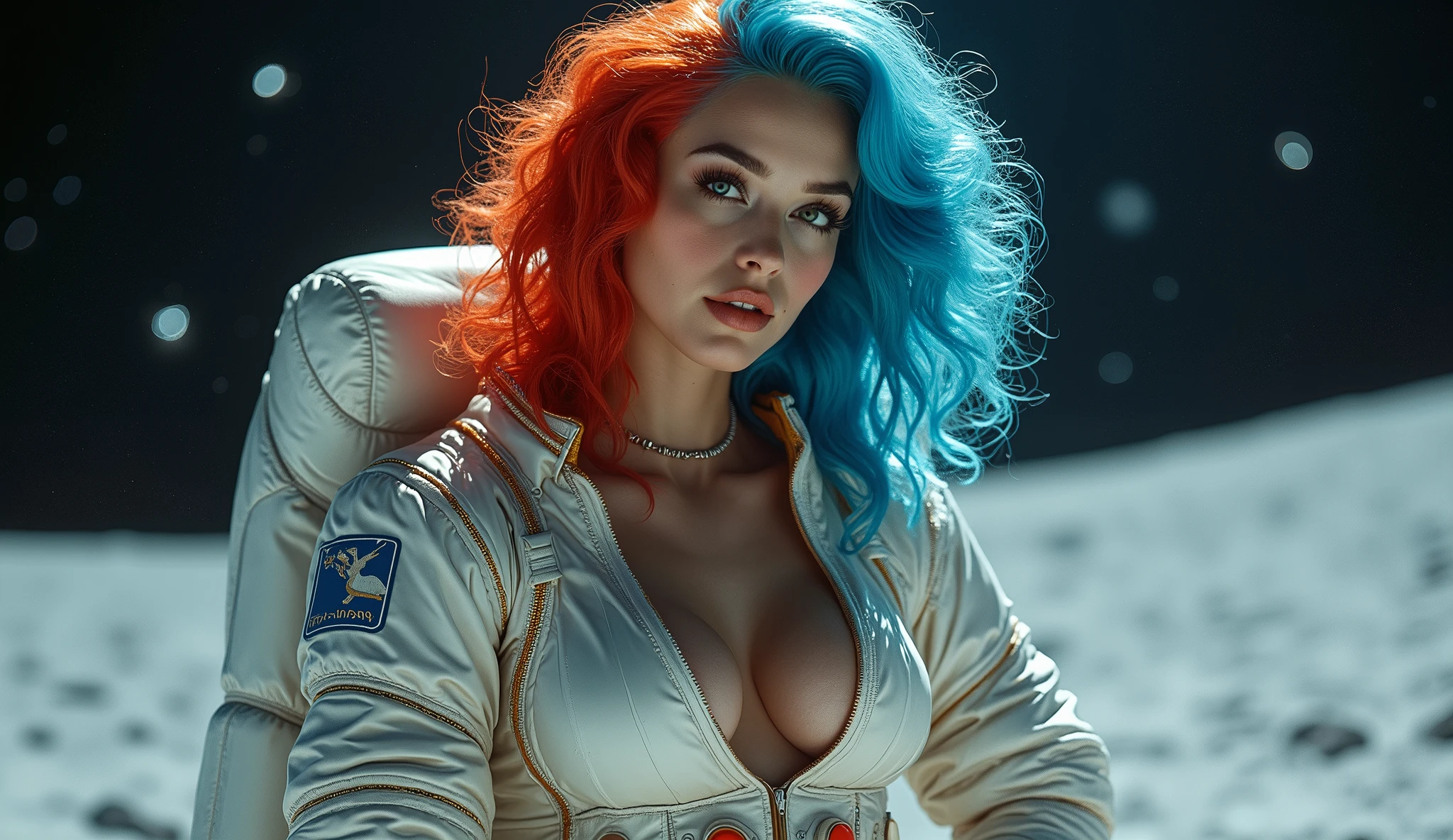 ((Analog photo. 70’s photo)) (masterpiece photorealistic.Uhd )full body shot of an ultra hot gorgeous European woman. Age 23. Sexy curvy body. Extra large breast. ((100 E size)). Cleavage. Random hair color. B série Space opera héroïne. Barbarella style astronaut suit. Bright colors. In a 70’s sci-fi moon landscape set. Cinematic lights.